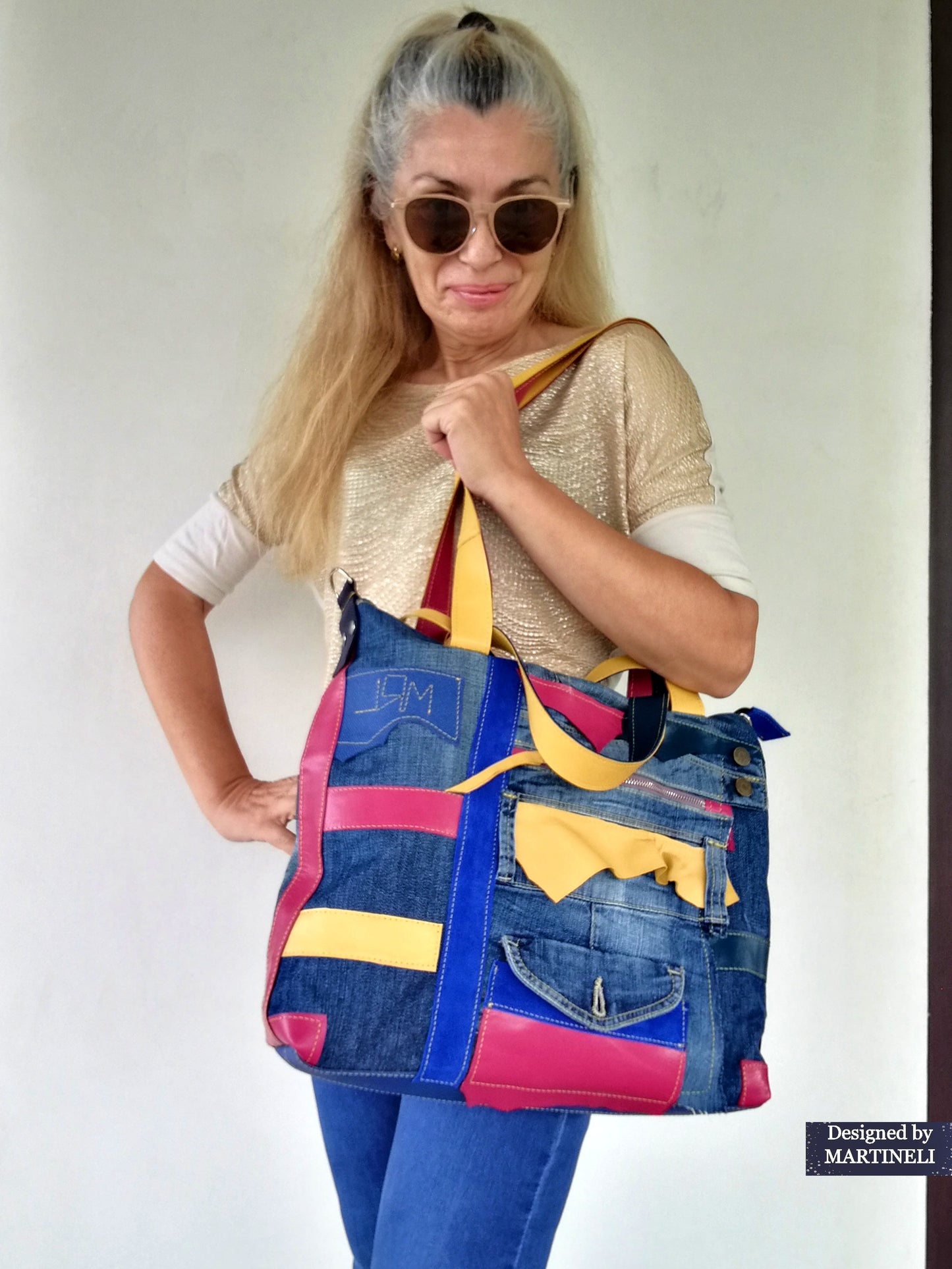 Boho Denim&Leather Shoulder Bag High End Italian Leather Tote Bag-Colorful Artsy Crossbody Purse,Big Soft Leather Distressed Denim Handbag