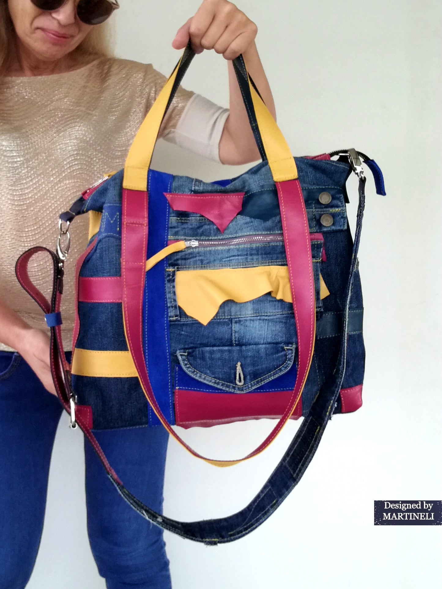 Boho Denim&Leather Shoulder Bag High End Italian Leather Tote Bag-Colorful Artsy Crossbody Purse,Big Soft Leather Distressed Denim Handbag