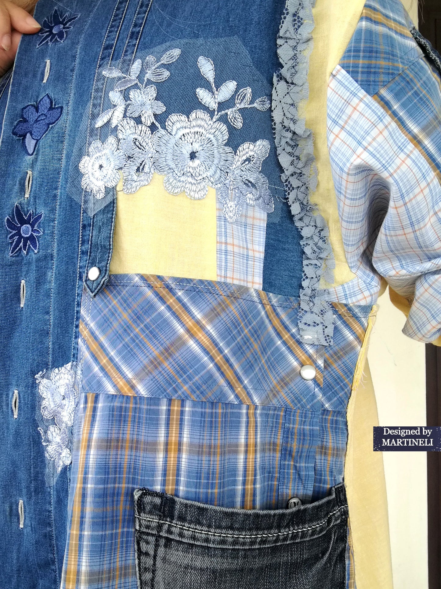 Plus Size Upcycled Denim Shirt Dress, 2XL Plaid Linen Boho Jacket,Yellow Linen Duster