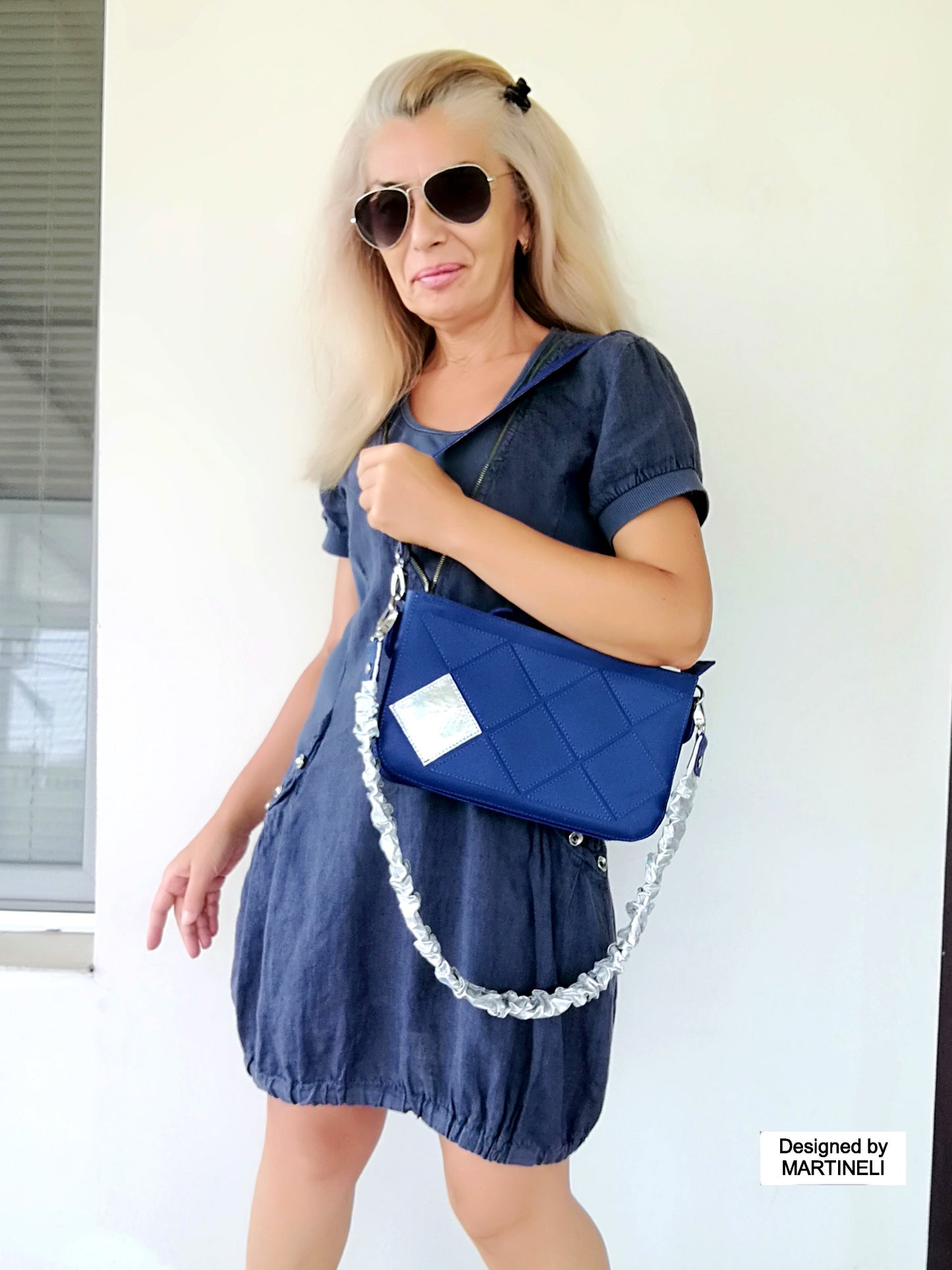 Blue Leather Stylish Bag-Italian Leather Shoulder Purse Bag-Luxury Artsy Bridal Gift Idea Patchwork Navy Blue Cross Body Bag Stylish Wedding