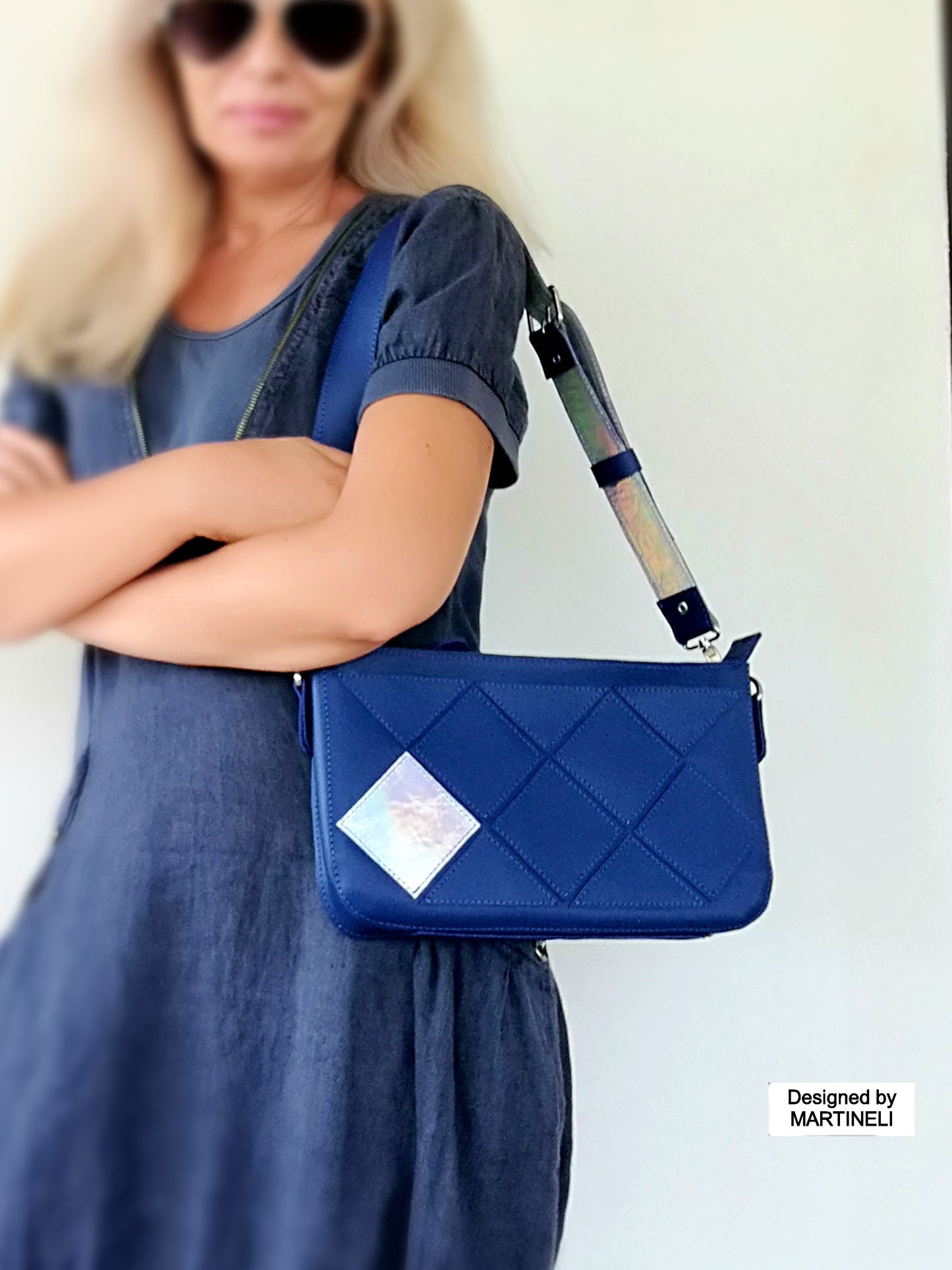 Blue Leather Stylish Bag-Italian Leather Shoulder Purse Bag-Luxury Artsy Bridal Gift Idea Patchwork Navy Blue Cross Body Bag Stylish Wedding
