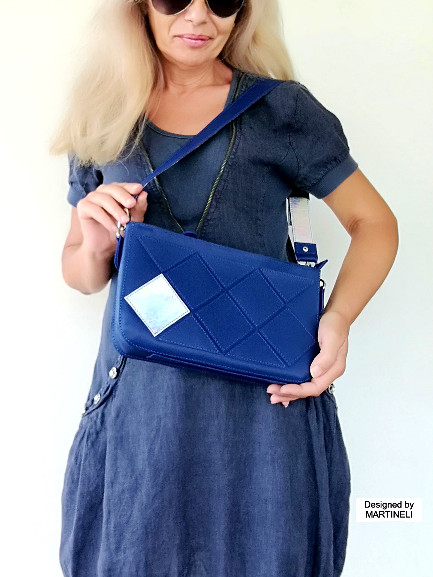 Blue Leather Stylish Bag-Italian Leather Shoulder Purse Bag-Luxury Artsy Bridal Gift Idea Patchwork Navy Blue Cross Body Bag Stylish Wedding