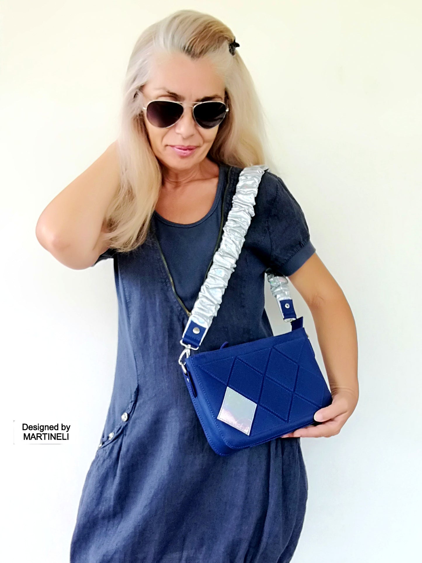 Blue Leather Stylish Bag-Italian Leather Shoulder Purse Bag-Luxury Artsy Bridal Gift Idea Patchwork Navy Blue Cross Body Bag Stylish Wedding