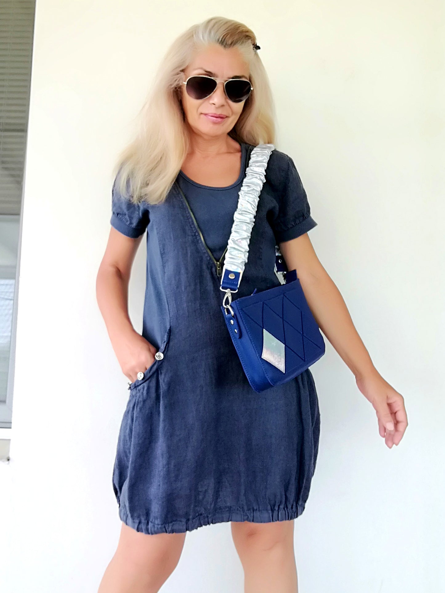 Blue Leather Stylish Bag-Italian Leather Shoulder Purse Bag-Luxury Artsy Bridal Gift Idea Patchwork Navy Blue Cross Body Bag Stylish Wedding