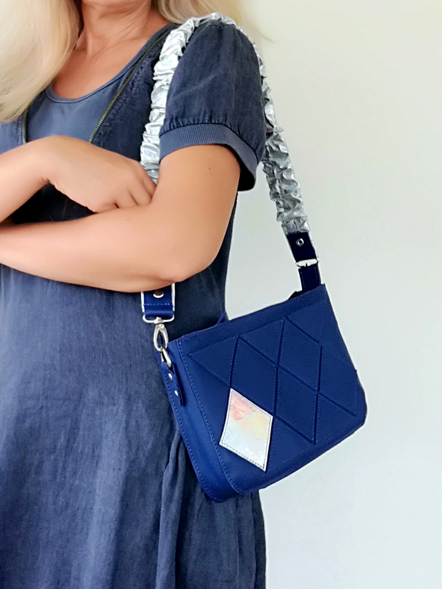 Blue Leather Stylish Bag-Italian Leather Shoulder Purse Bag-Luxury Artsy Bridal Gift Idea Patchwork Navy Blue Cross Body Bag Stylish Wedding