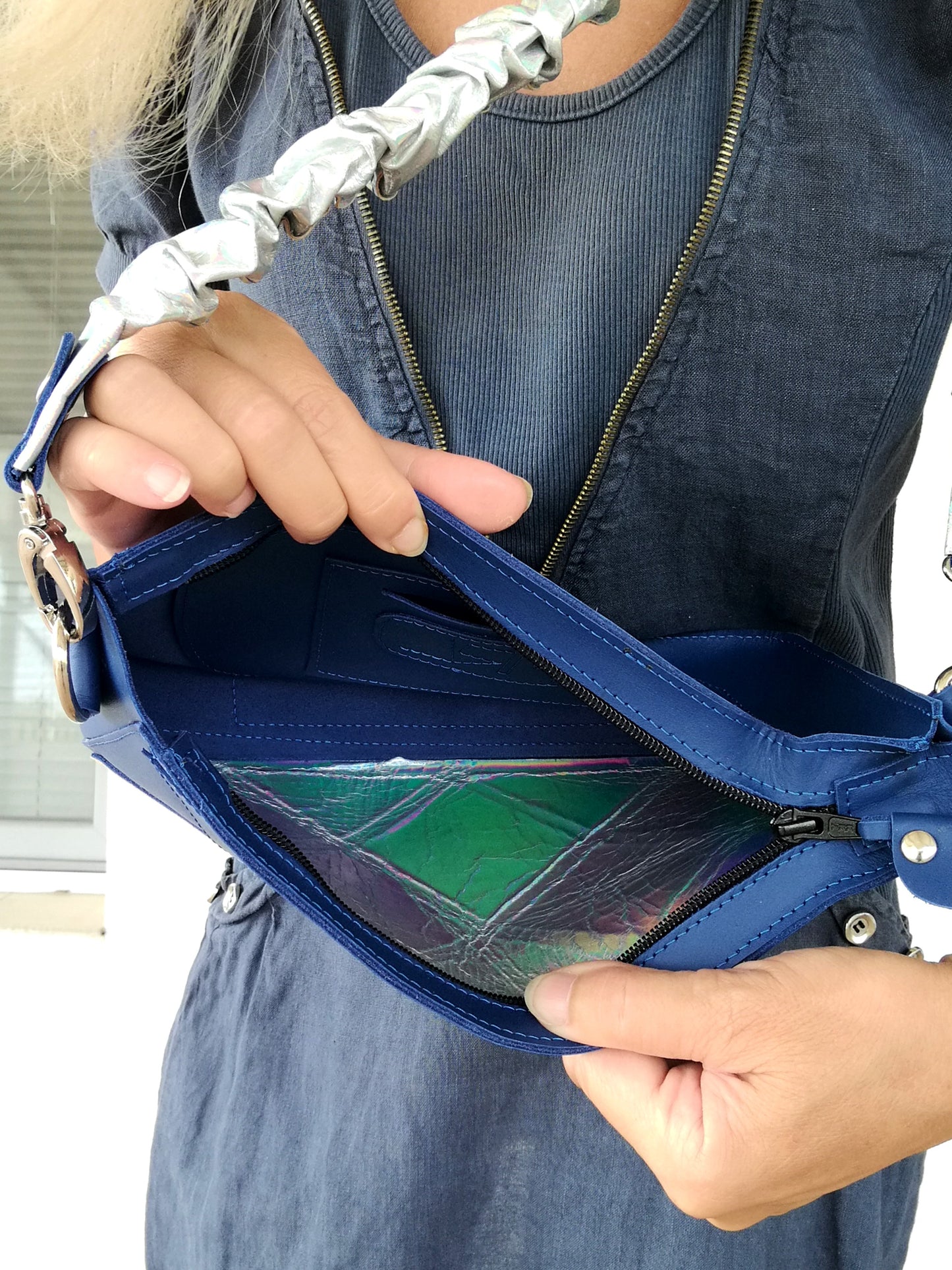 Blue Leather Stylish Bag-Italian Leather Shoulder Purse Bag-Luxury Artsy Bridal Gift Idea Patchwork Navy Blue Cross Body Bag Stylish Wedding