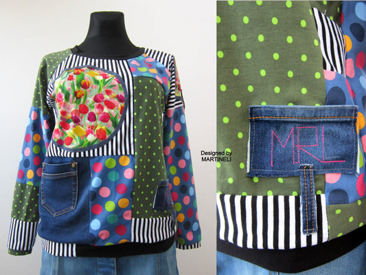 Long Sleeves Boho T-Shirt Top M Patchwork Denim Top