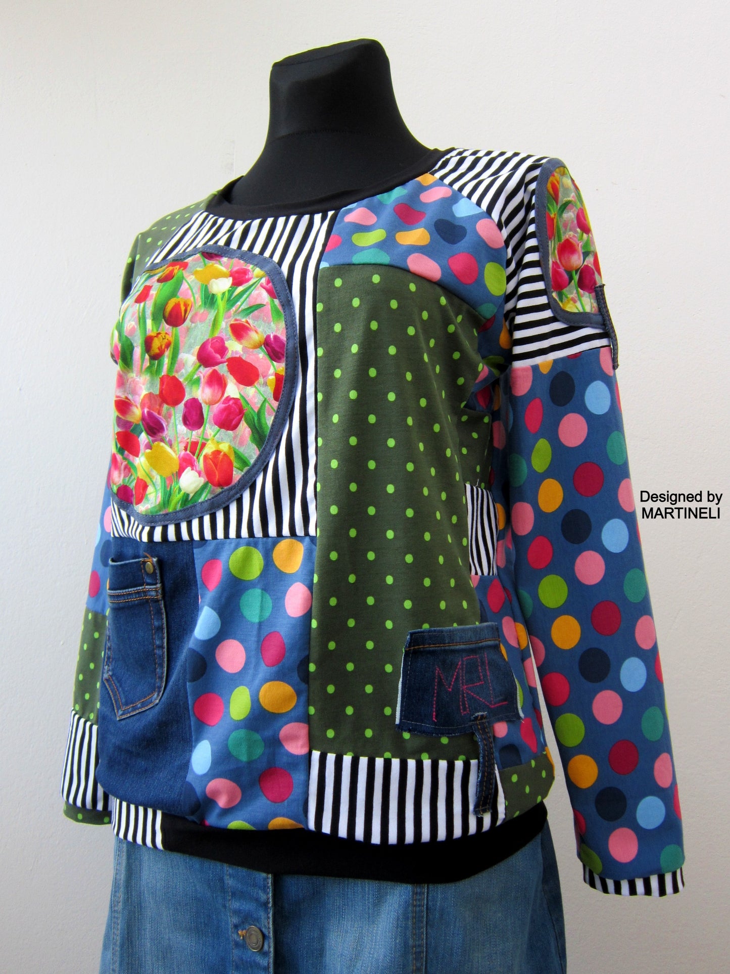 Long Sleeves Boho T-Shirt Top M Patchwork Denim Top