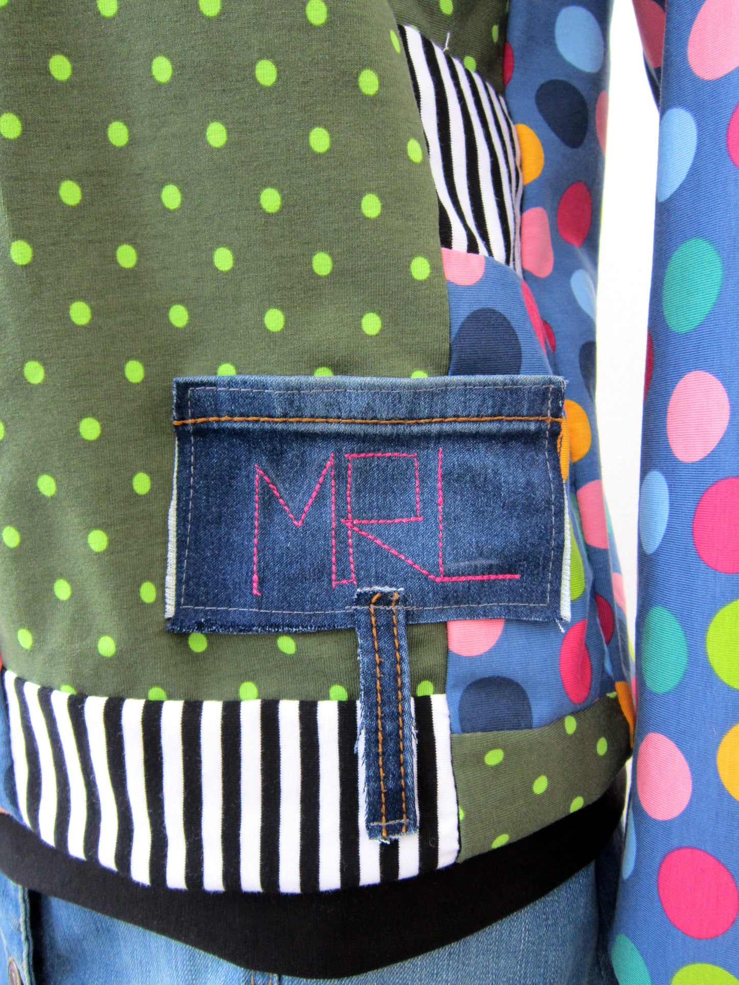Long Sleeves Boho T-Shirt Top M Patchwork Denim Top