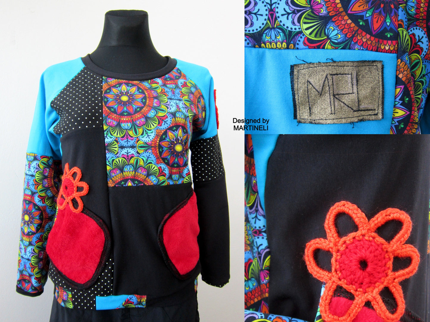 S/M Turquoise Sweatshirt for Women,Patchwork Sweatshirt for Women
