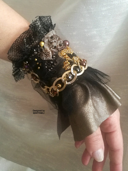 Black Gothic Cuff Bracelet,Handmade Embroidered Wrap Bracelet
