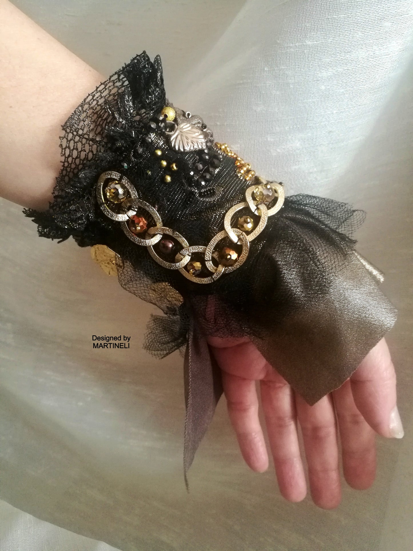 Black Gothic Cuff Bracelet,Handmade Embroidered Wrap Bracelet