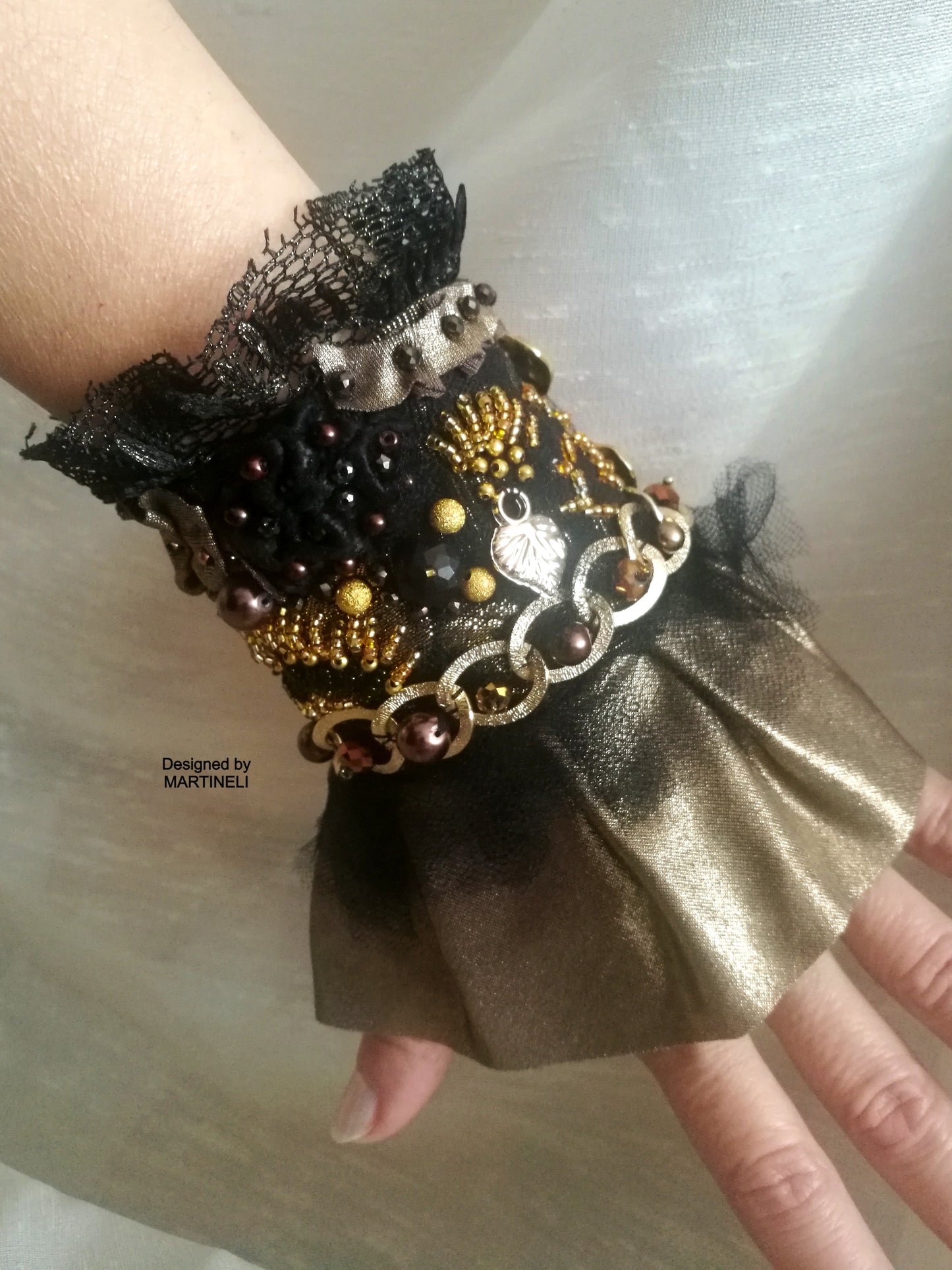 Black Gothic Cuff Bracelet,Handmade Embroidered Wrap Bracelet