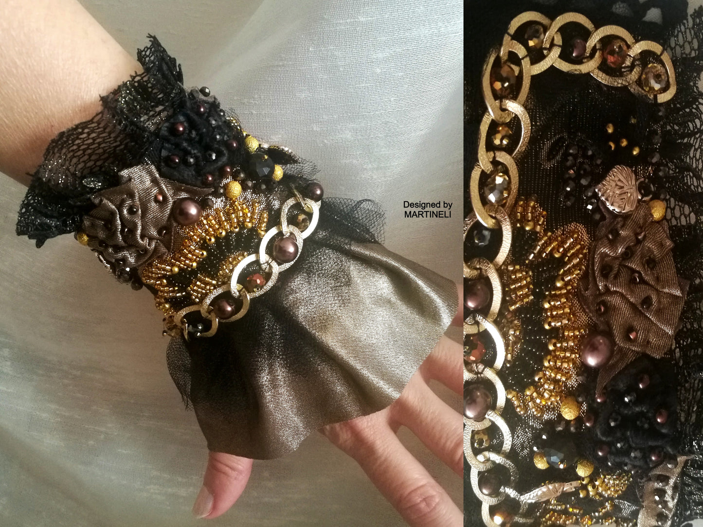 Black Gothic Cuff Bracelet,Handmade Embroidered Wrap Bracelet