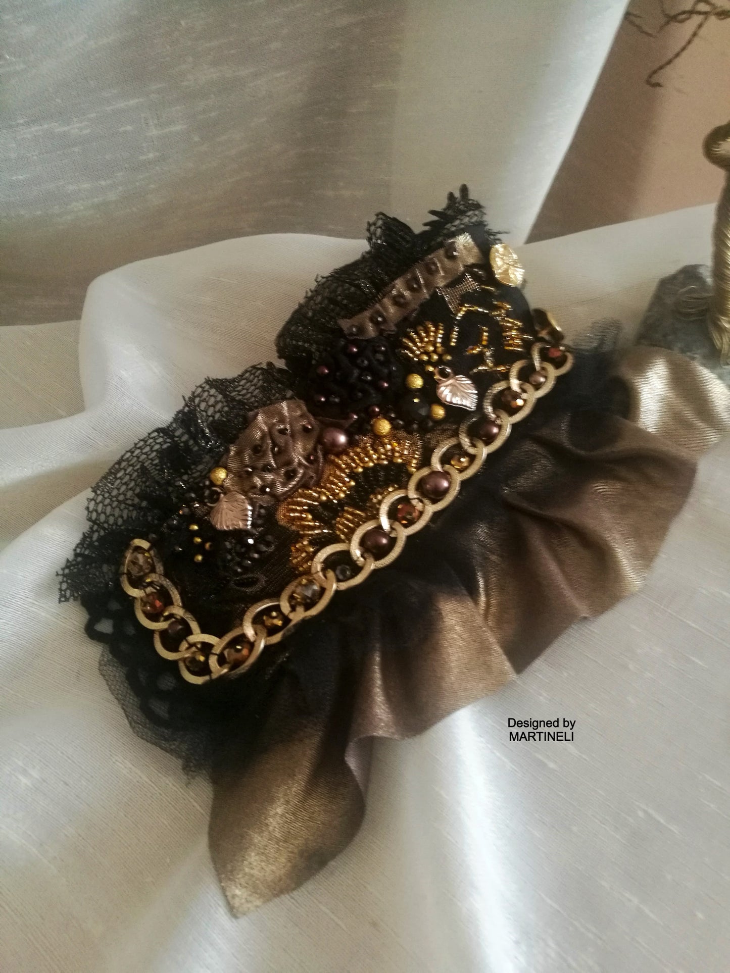 Black Gothic Cuff Bracelet,Handmade Embroidered Wrap Bracelet
