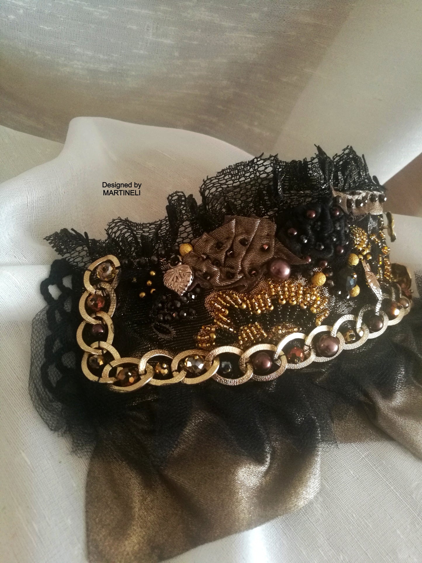 Black Gothic Cuff Bracelet,Handmade Embroidered Wrap Bracelet