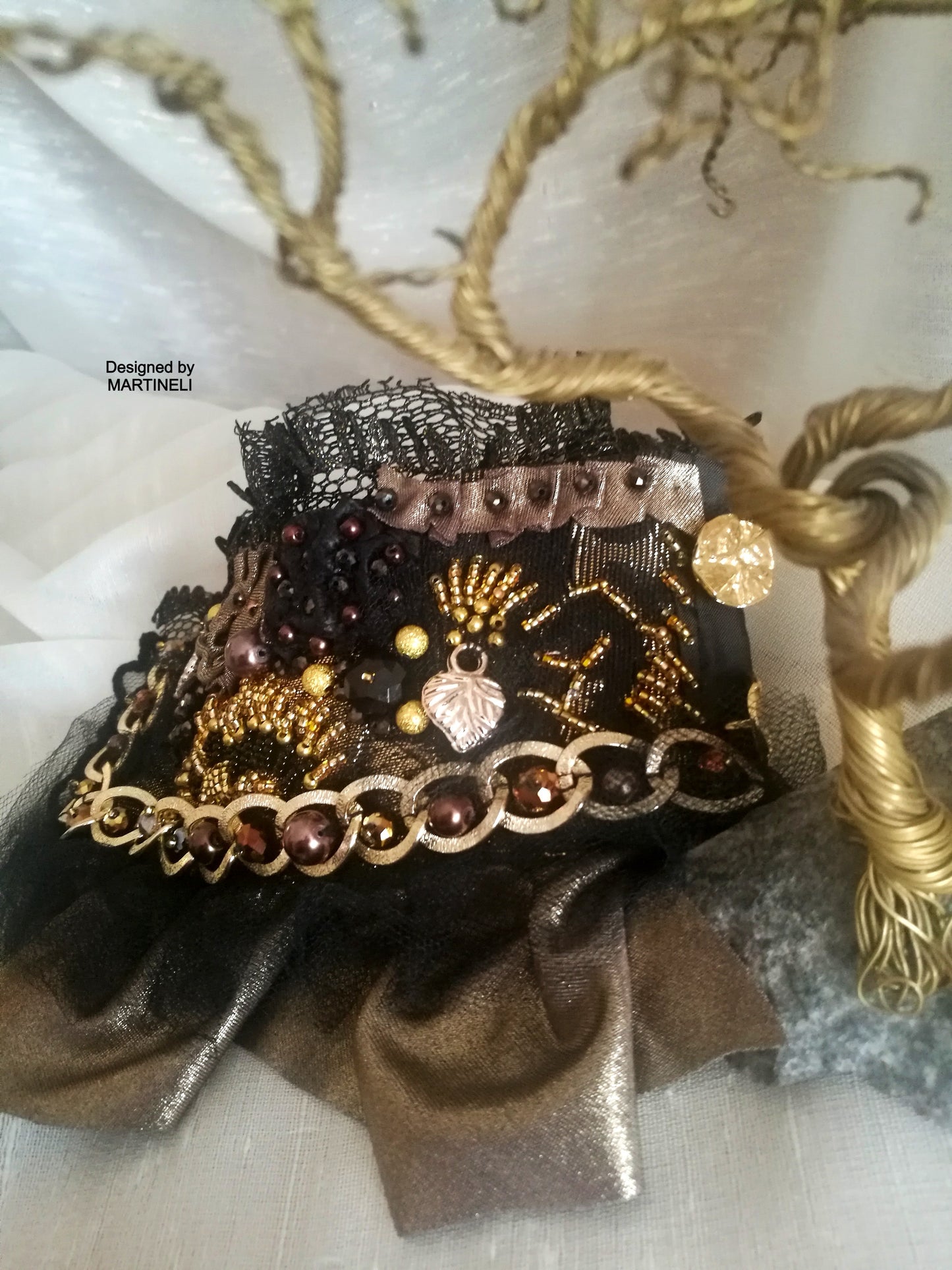 Black Gothic Cuff Bracelet,Handmade Embroidered Wrap Bracelet
