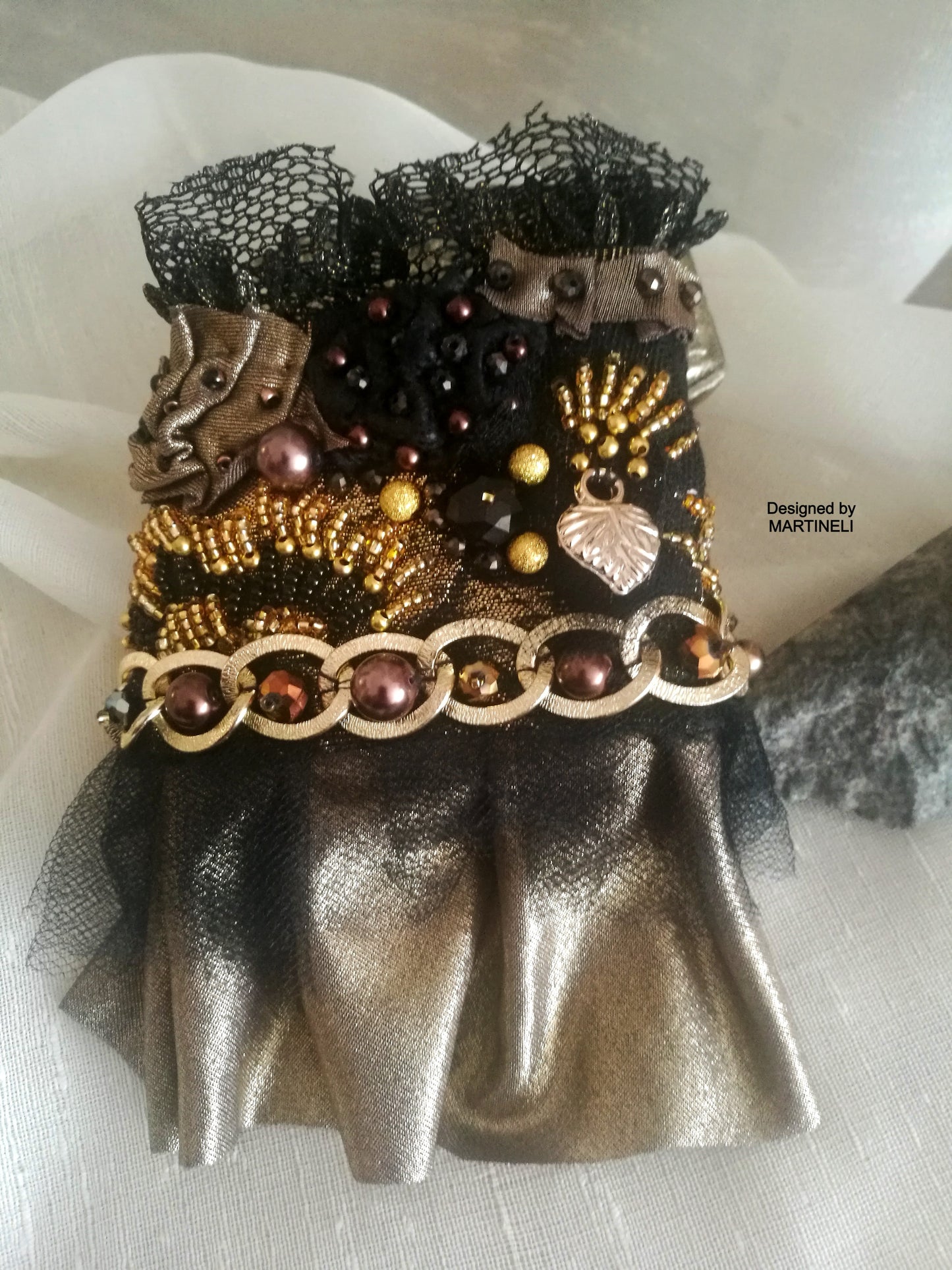 Black Gothic Cuff Bracelet,Handmade Embroidered Wrap Bracelet