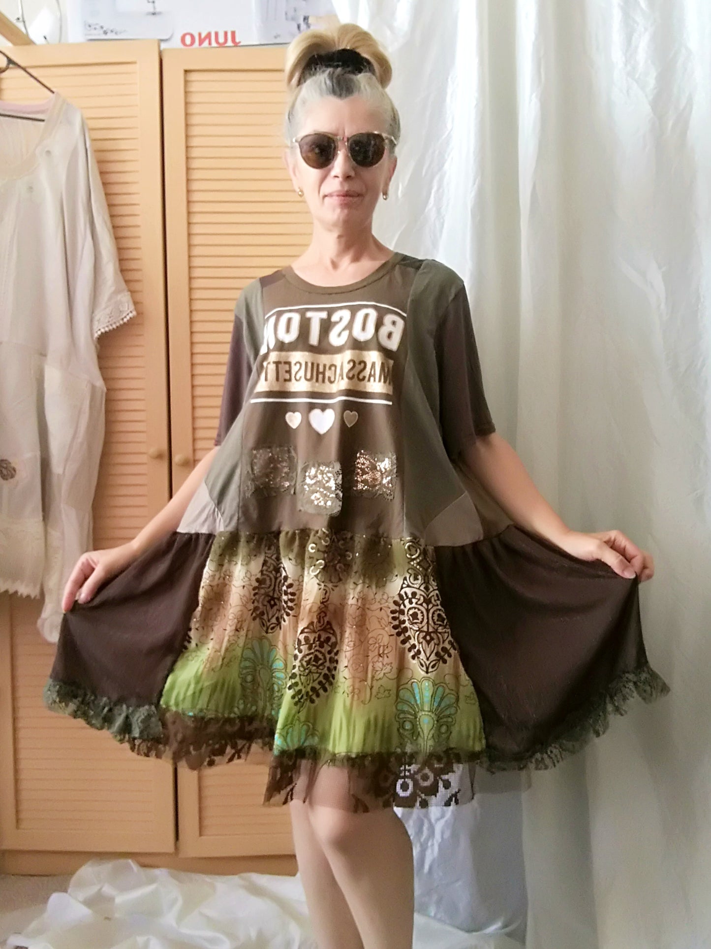Khaki Green T-Shirt Dress,L/XL Short Sleeves Cotton Dress