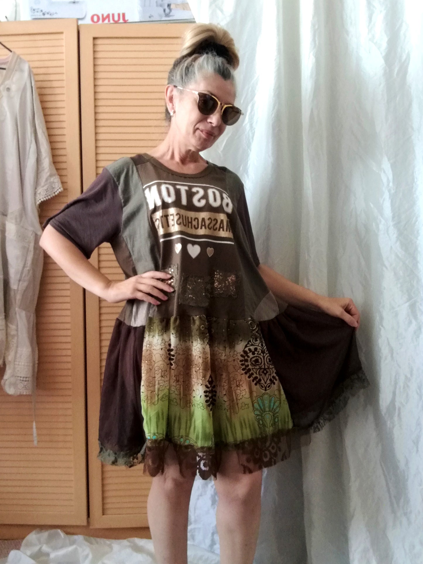 Khaki Green T-Shirt Dress,L/XL Short Sleeves Cotton Dress