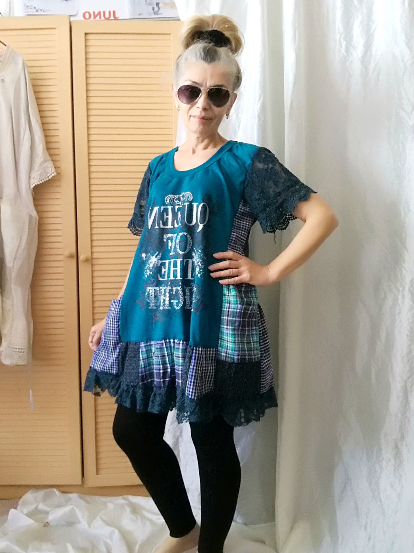 Turquoise T-Shirt Dress,L Short Sleeves Shirt Dress