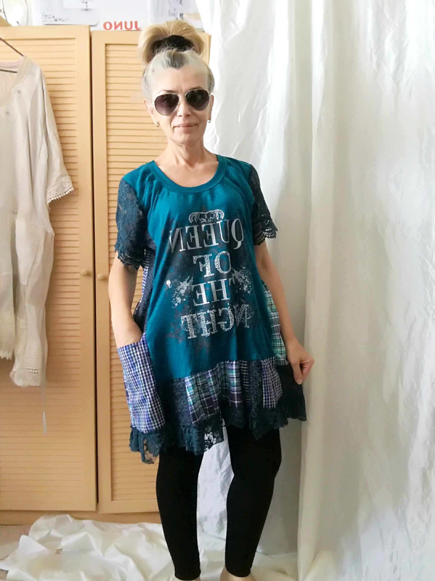 Turquoise T-Shirt Dress,L Short Sleeves Shirt Dress