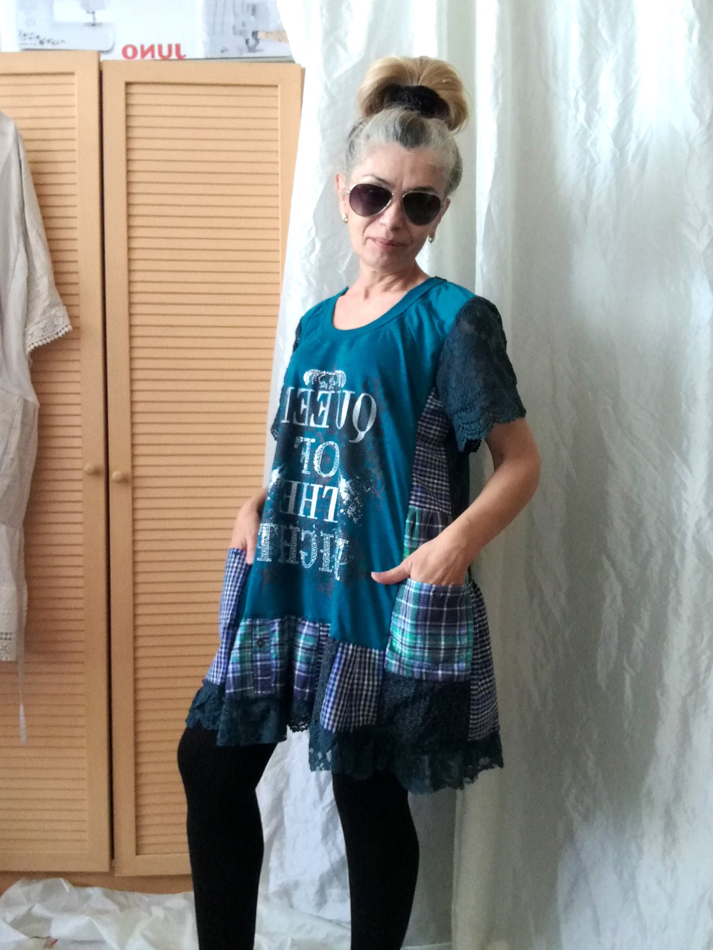 Turquoise T-Shirt Dress,L Short Sleeves Shirt Dress