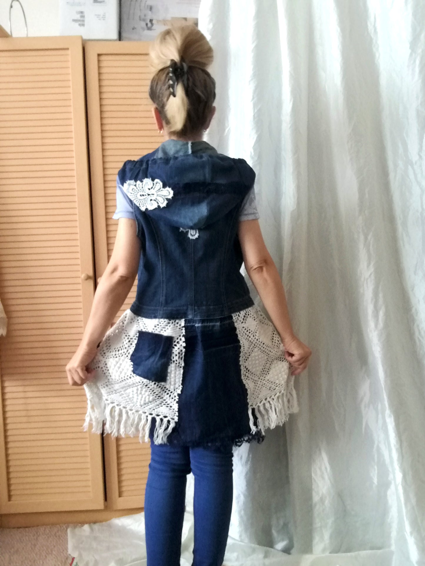 Hooded Denim Jacket,M Sleeveless Duster Jacket