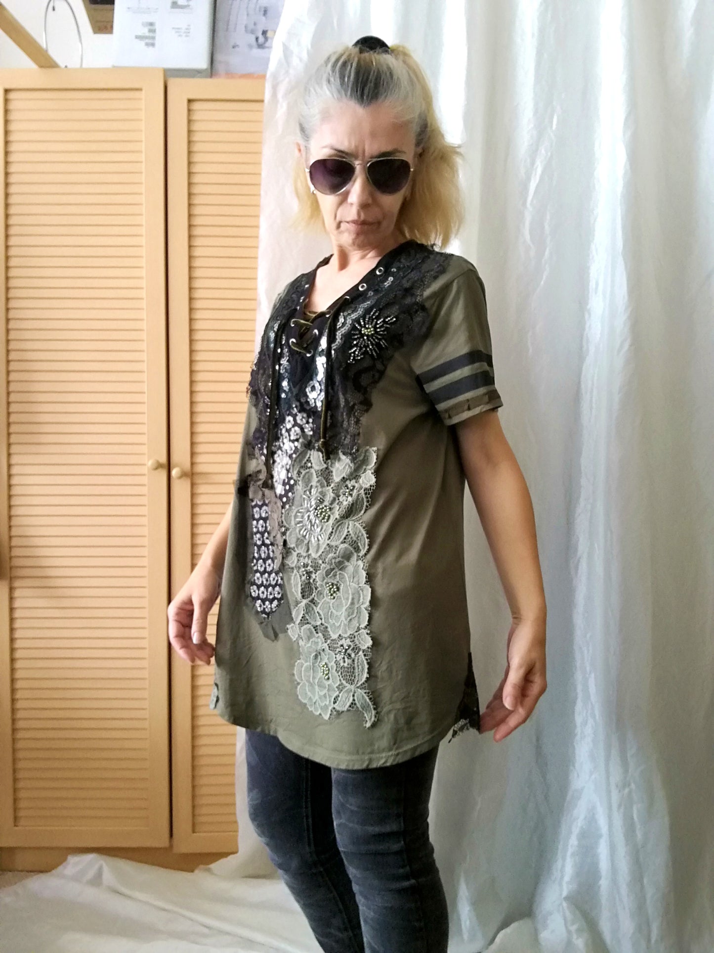 Long T Shirt Dress,M/L Embroidered Khaki Top