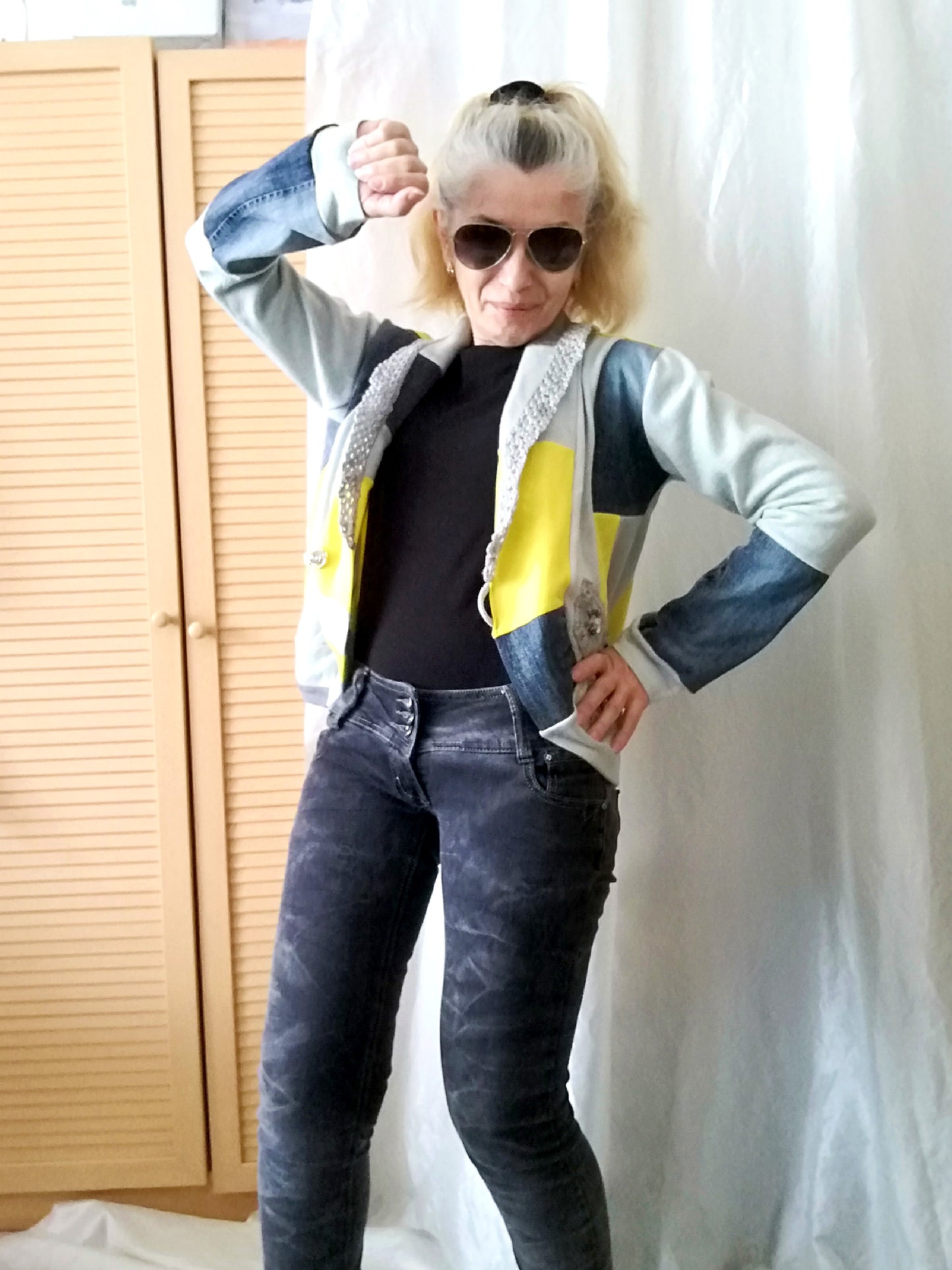 Crop Denim Jacket,M Patchwork Cardigan Jacket