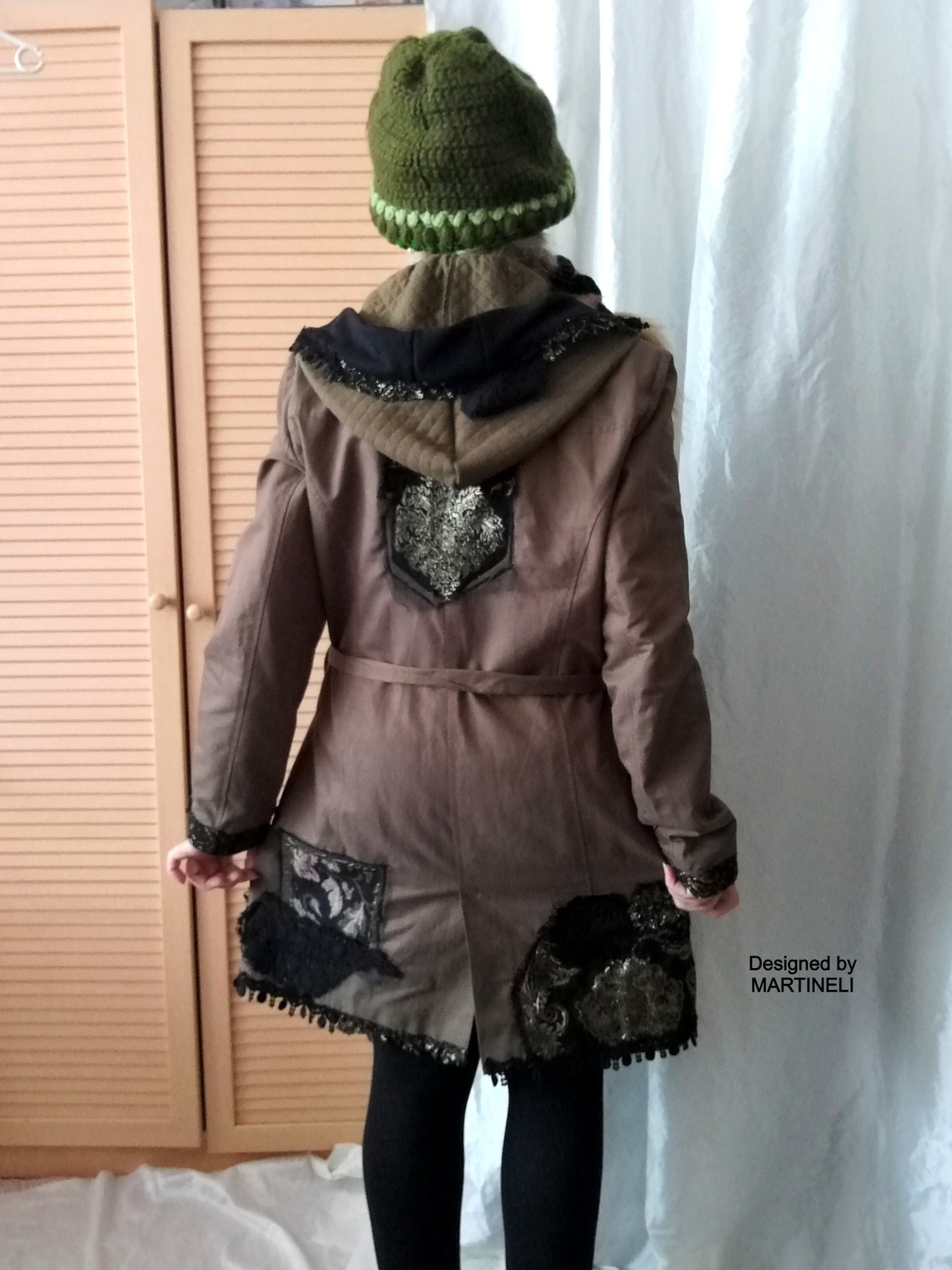Khaki Hooded Overcoat,L Embroidered Hooded Trench Coat