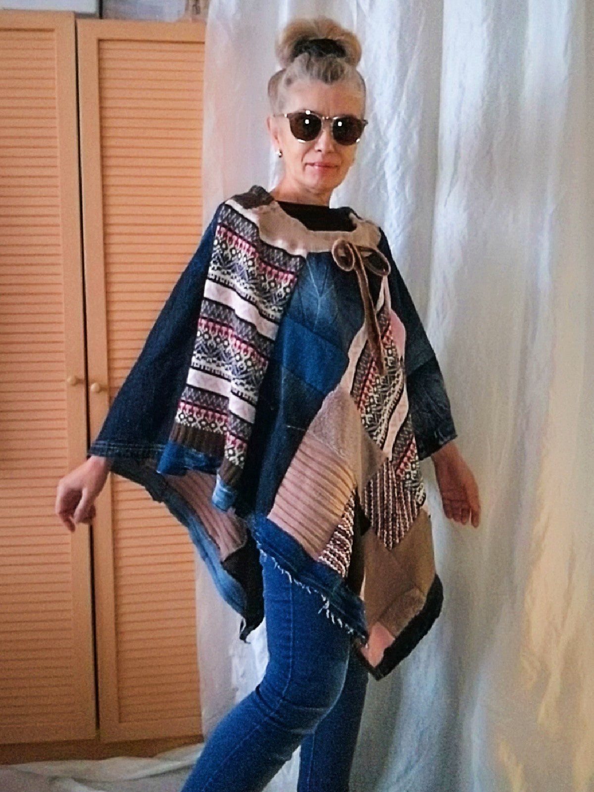 Denim Poncho,S/XL Boho Hippie Womens Poncho