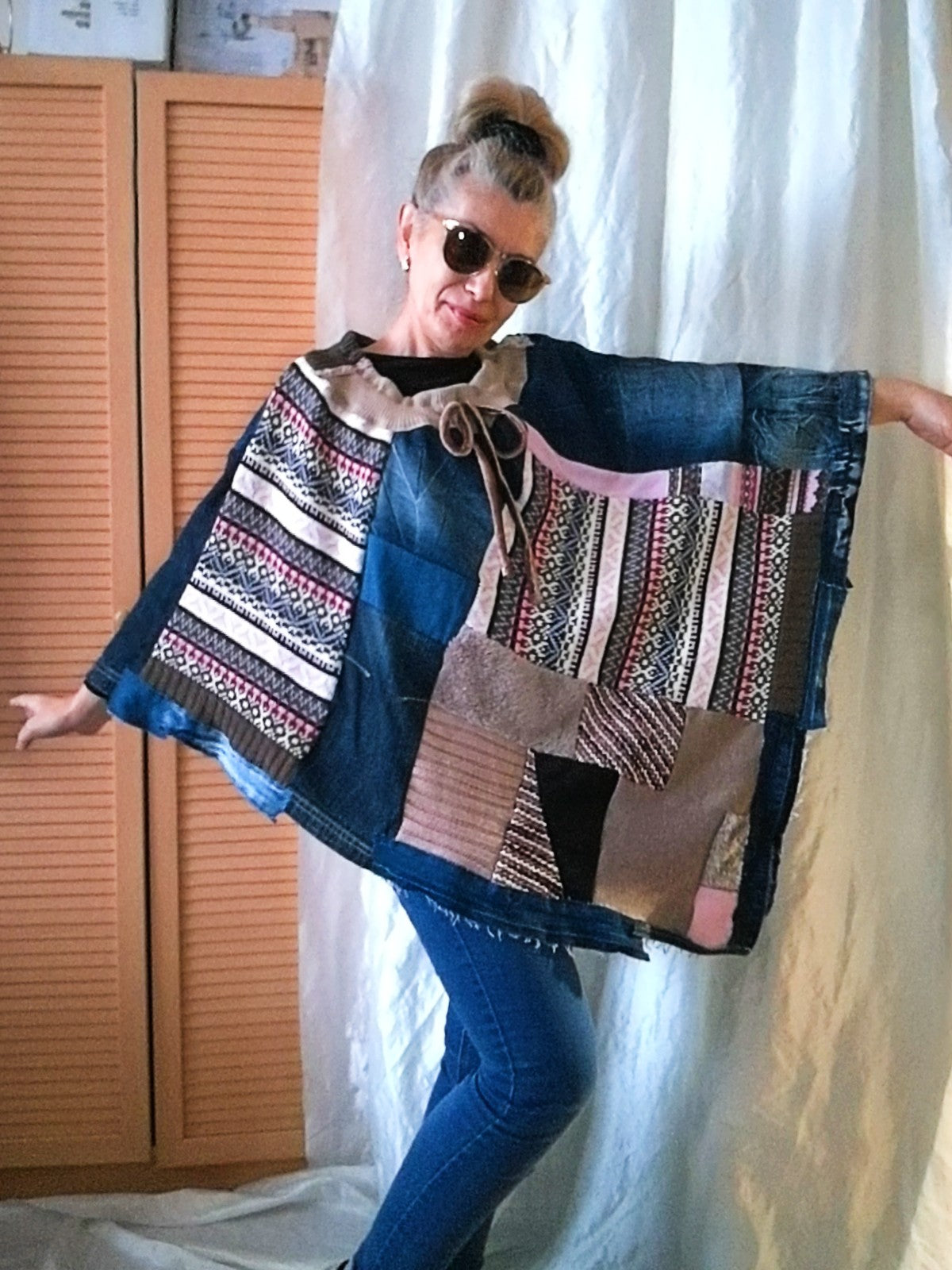 Denim Poncho,S/XL Boho Hippie Womens Poncho