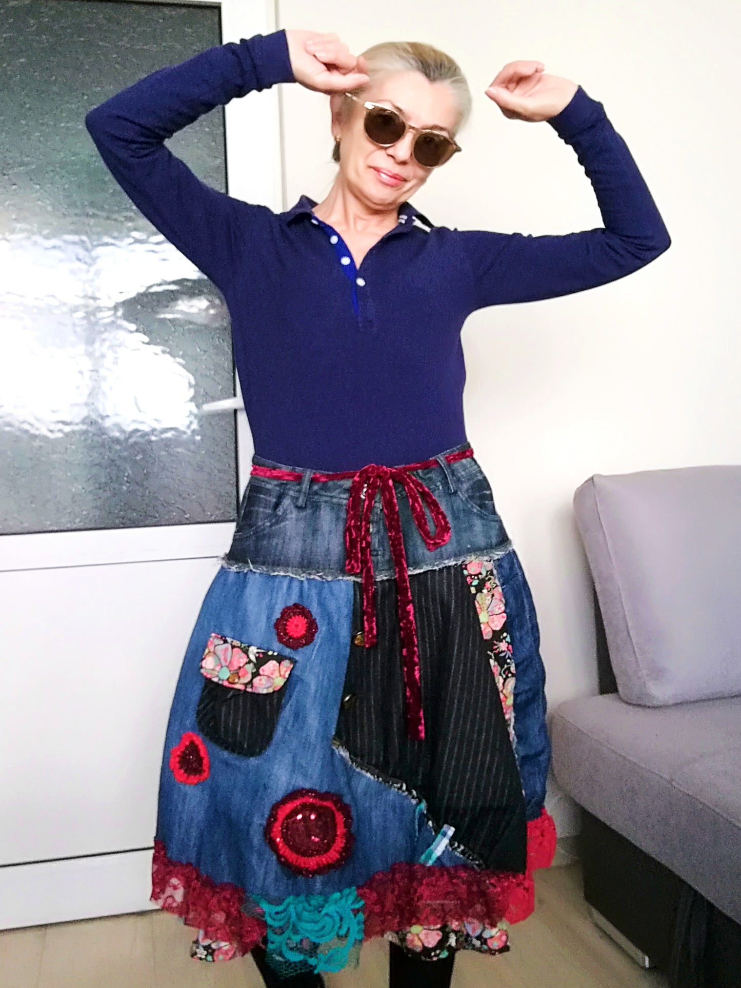 Boho Chic Desigual Denim Skirt L size Upcycled Embroidered Midi Skirt