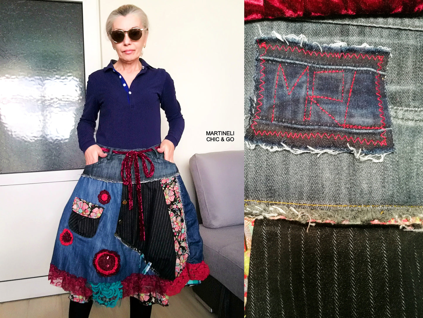 Boho Chic Desigual Denim Skirt L size Upcycled Embroidered Midi Skirt