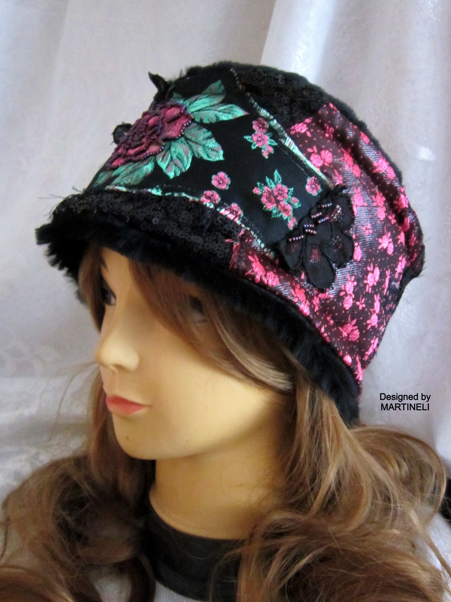 Winter Headband for Women,Black Floral Faux Fur Headband