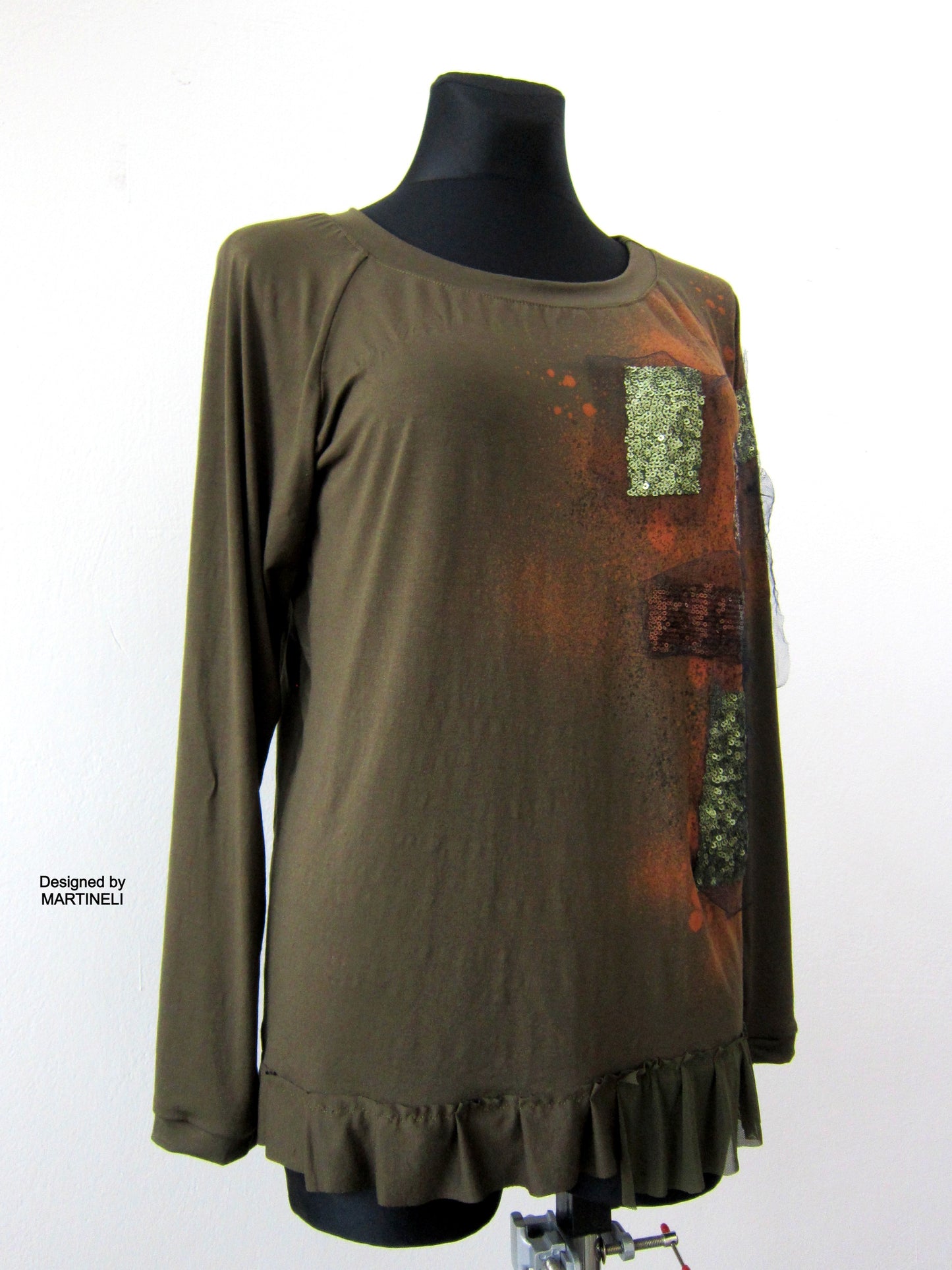Khaki Green Embroidered Top,M Casual Woman Top