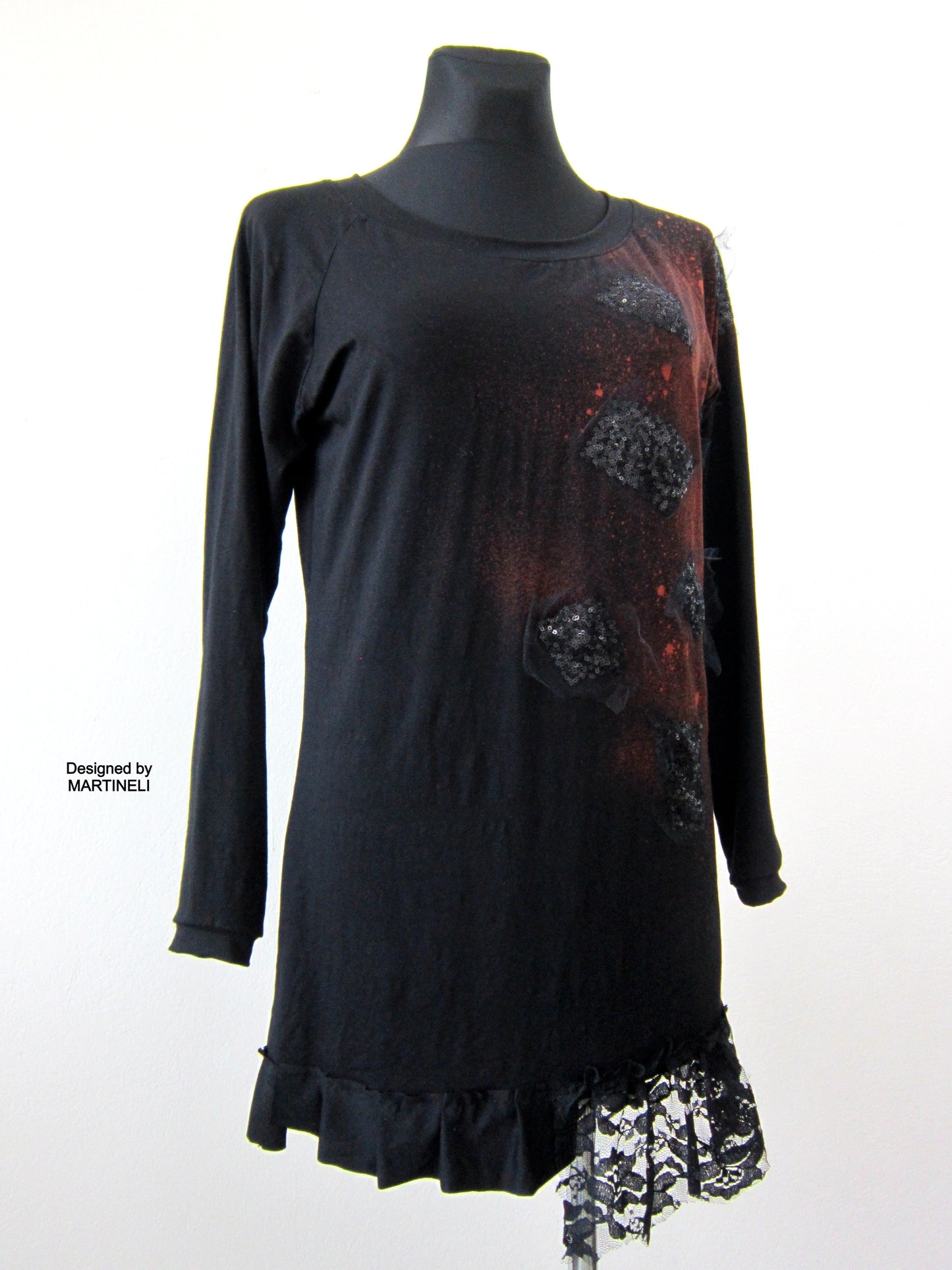Black Short Cotton Dress M/L Asymmetric Little Black Dress