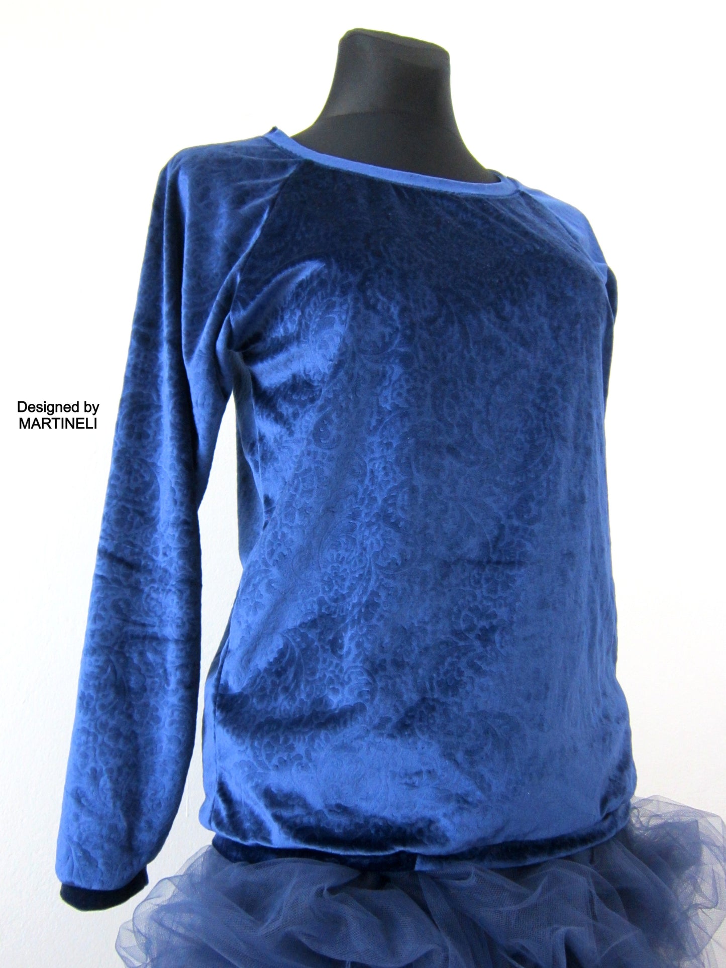 Long Sleeves Blue Velvet Top,M Boho Chic T Shirt