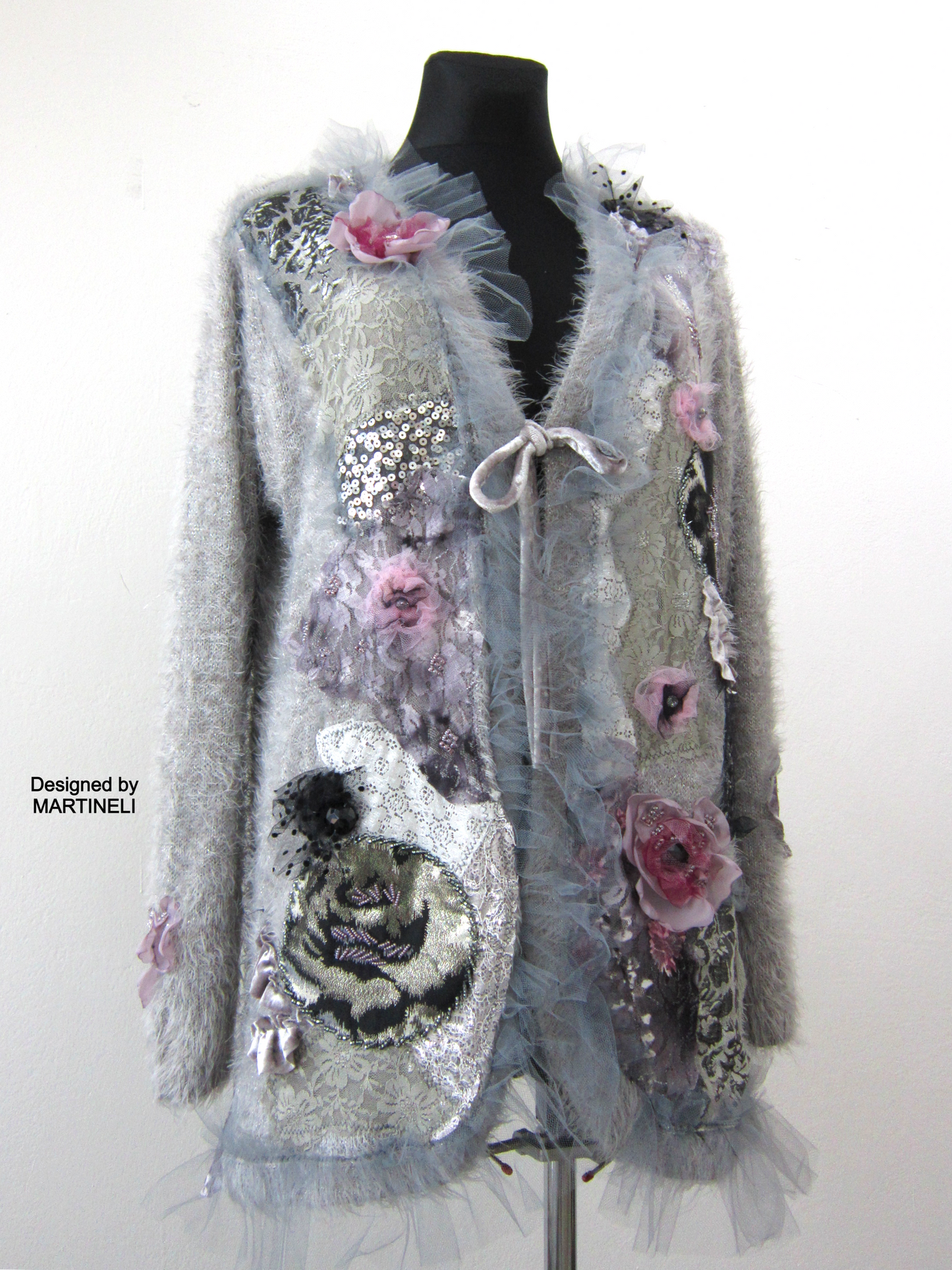 Gray Knit Cardigan Sweater,XL Warm Faux Fur Embroidered Cardigan