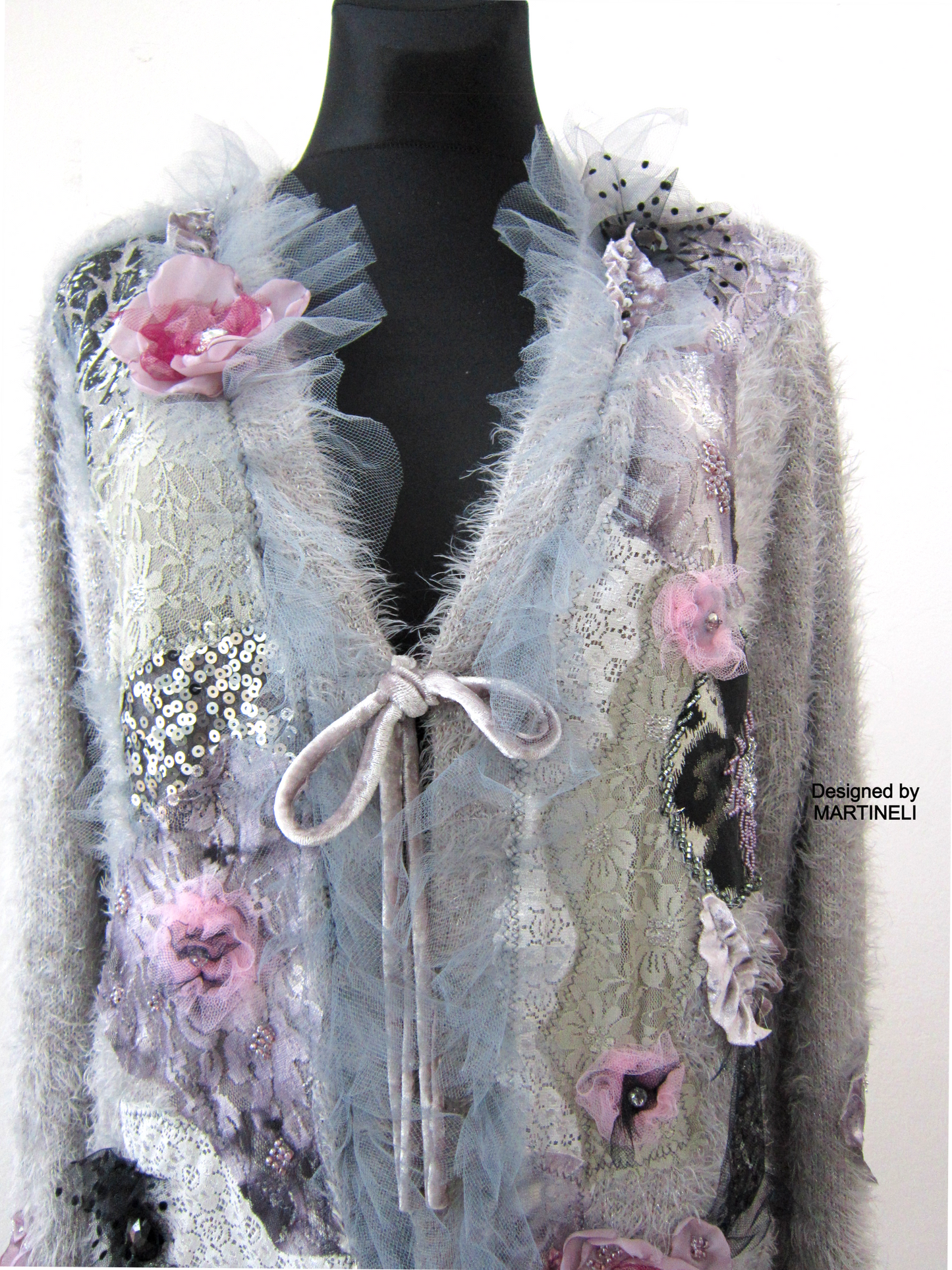 Gray Knit Cardigan Sweater,XL Warm Faux Fur Embroidered Cardigan