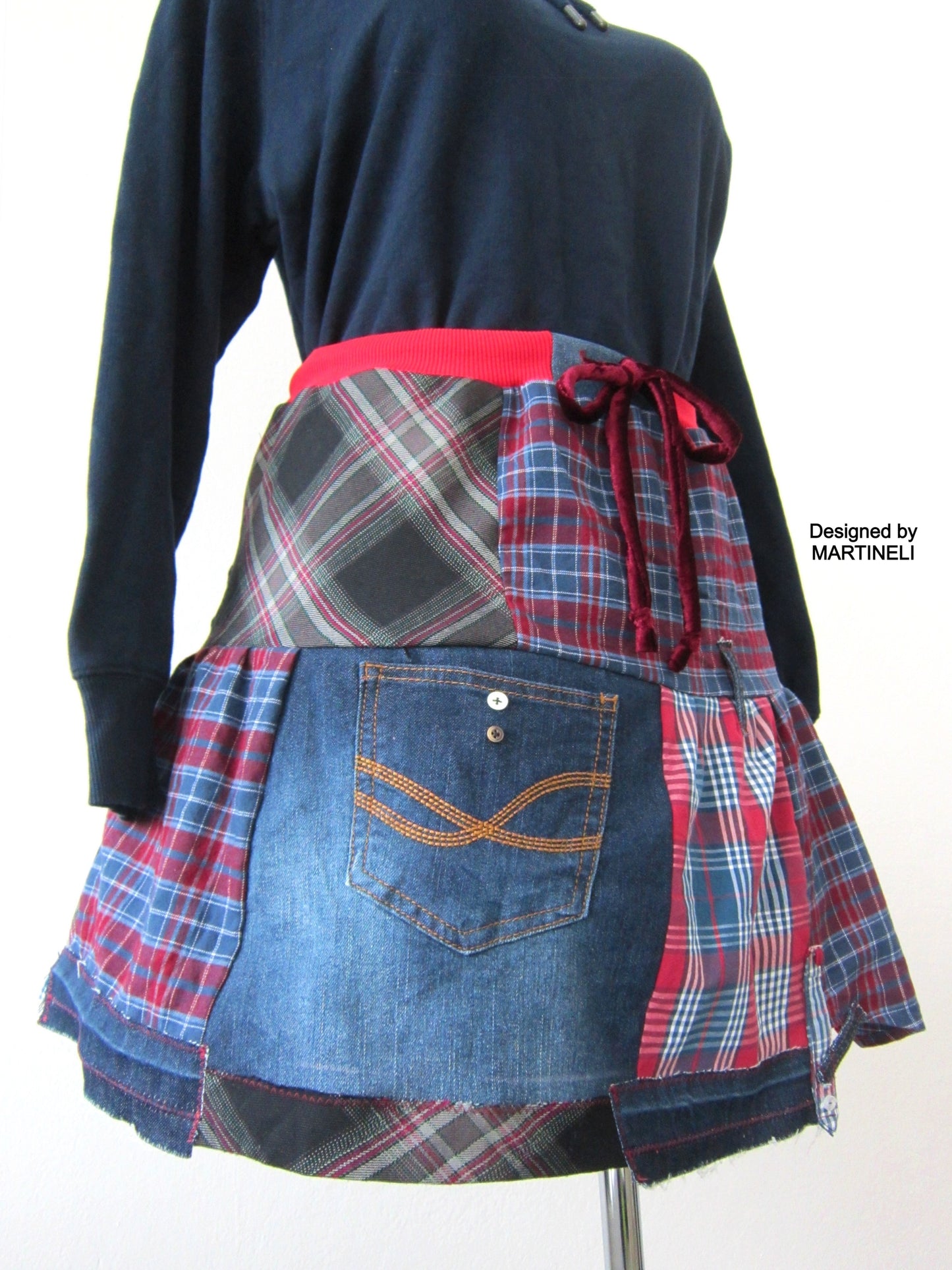 Patchwork Denim Mini Skrt,M Short Smock Skirt