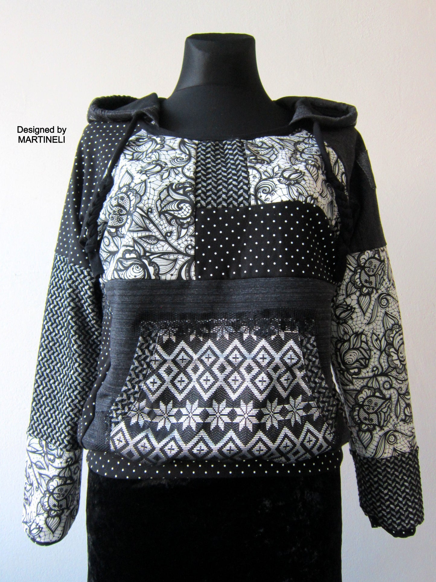 M/L Gray Boho Hoodie,Patchwork Hoodie for Women