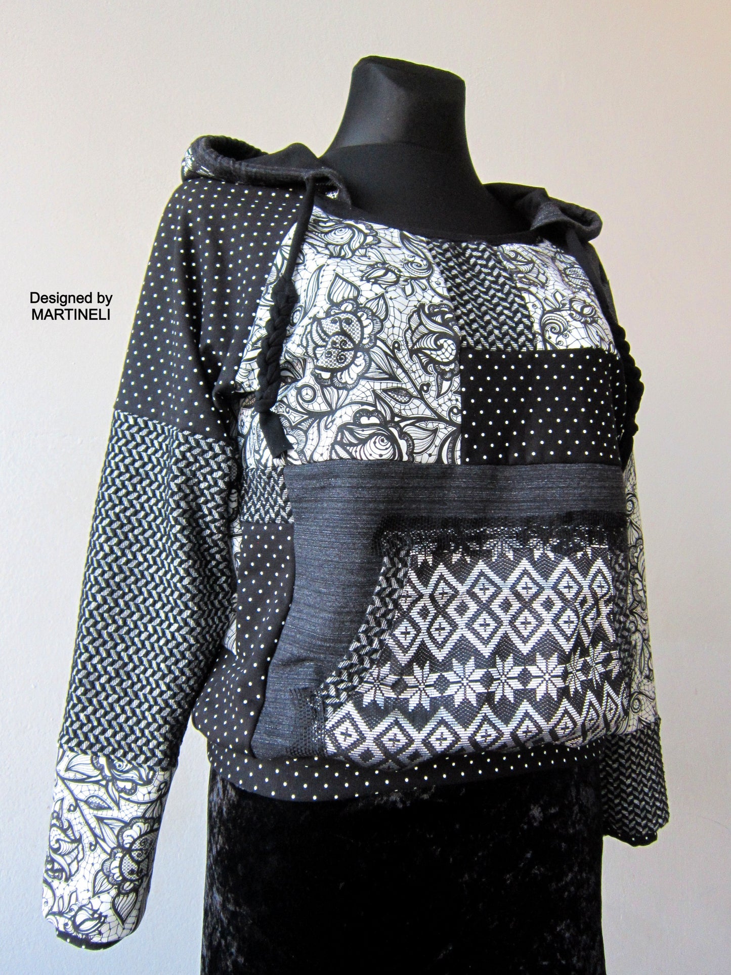 M/L Gray Boho Hoodie,Patchwork Hoodie for Women