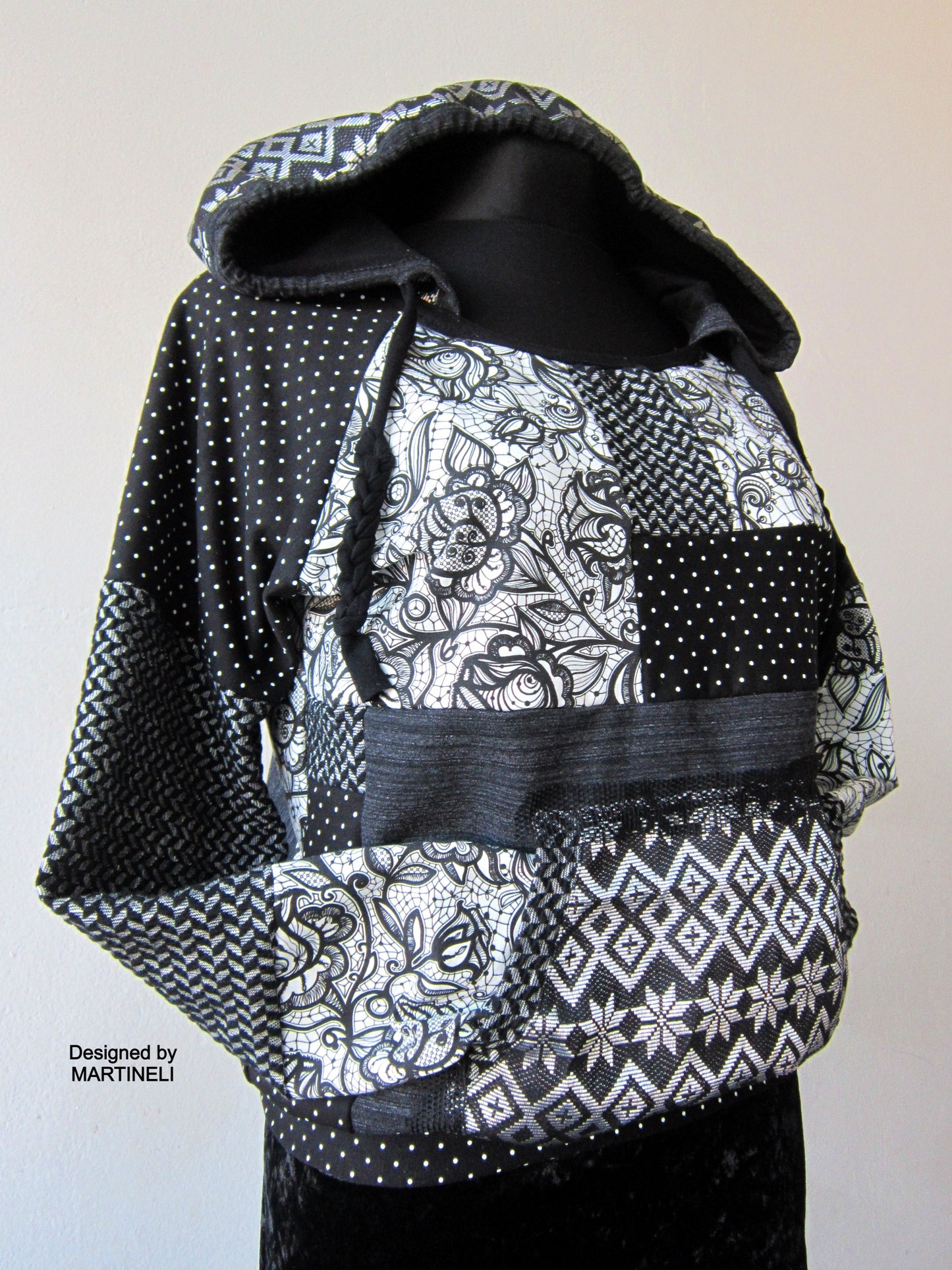 M/L Gray Boho Hoodie,Patchwork Hoodie for Women