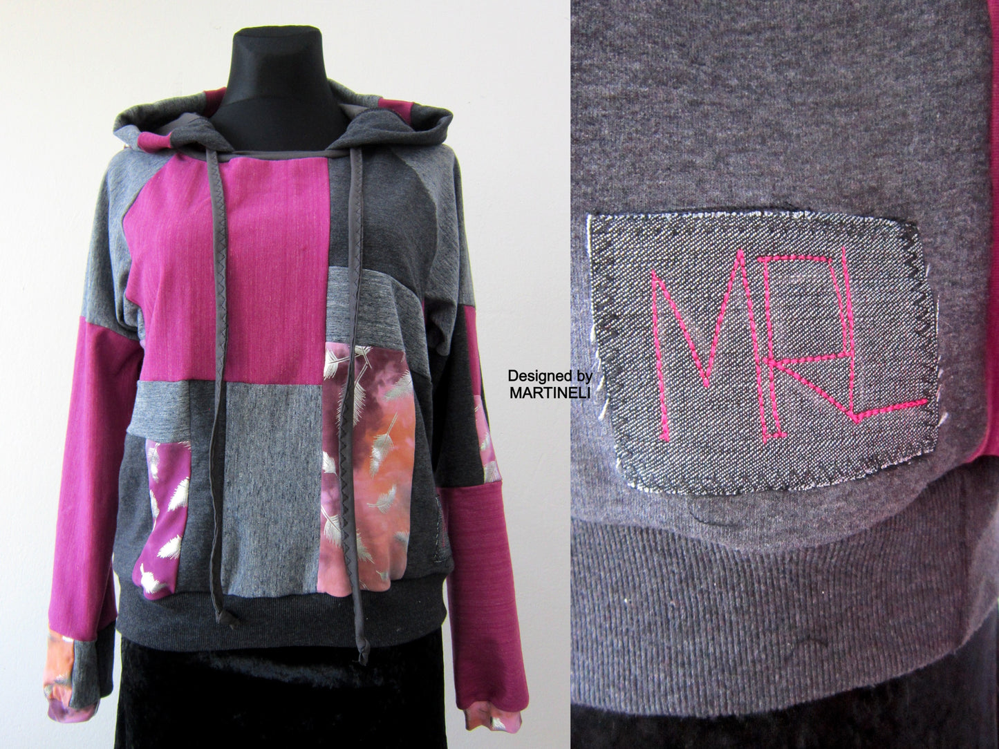 Gray Patchwork Hoodie M/L Boho Chic Hooded Top