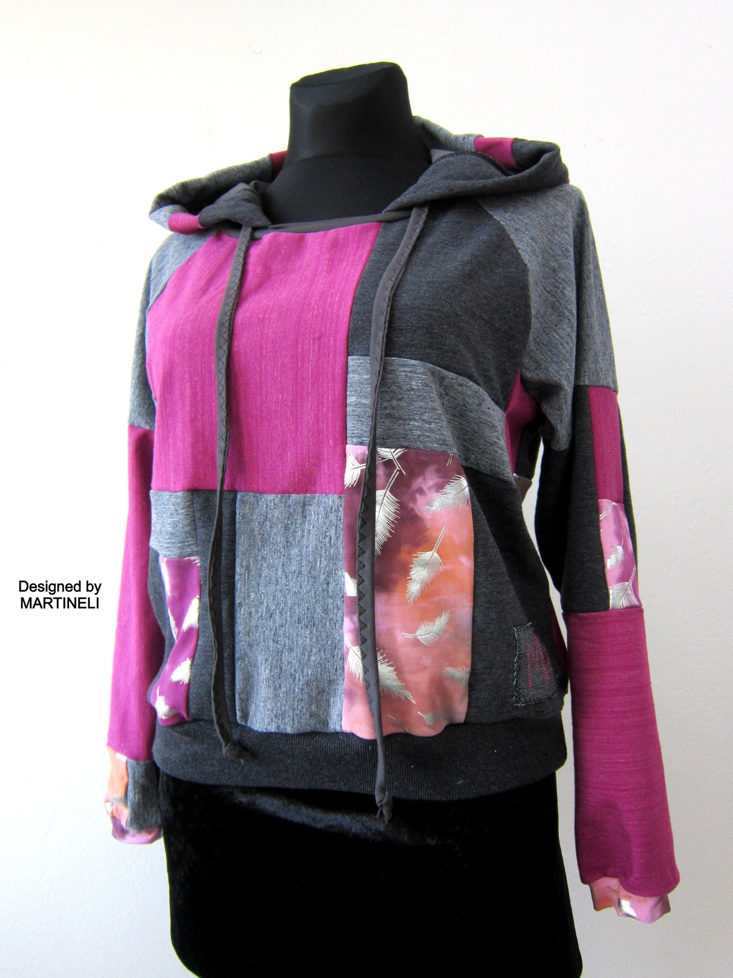 Gray Patchwork Hoodie M/L Boho Chic Hooded Top