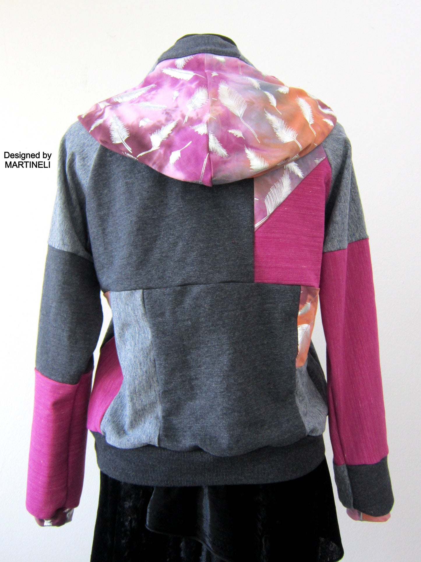 Gray Patchwork Hoodie M/L Boho Chic Hooded Top