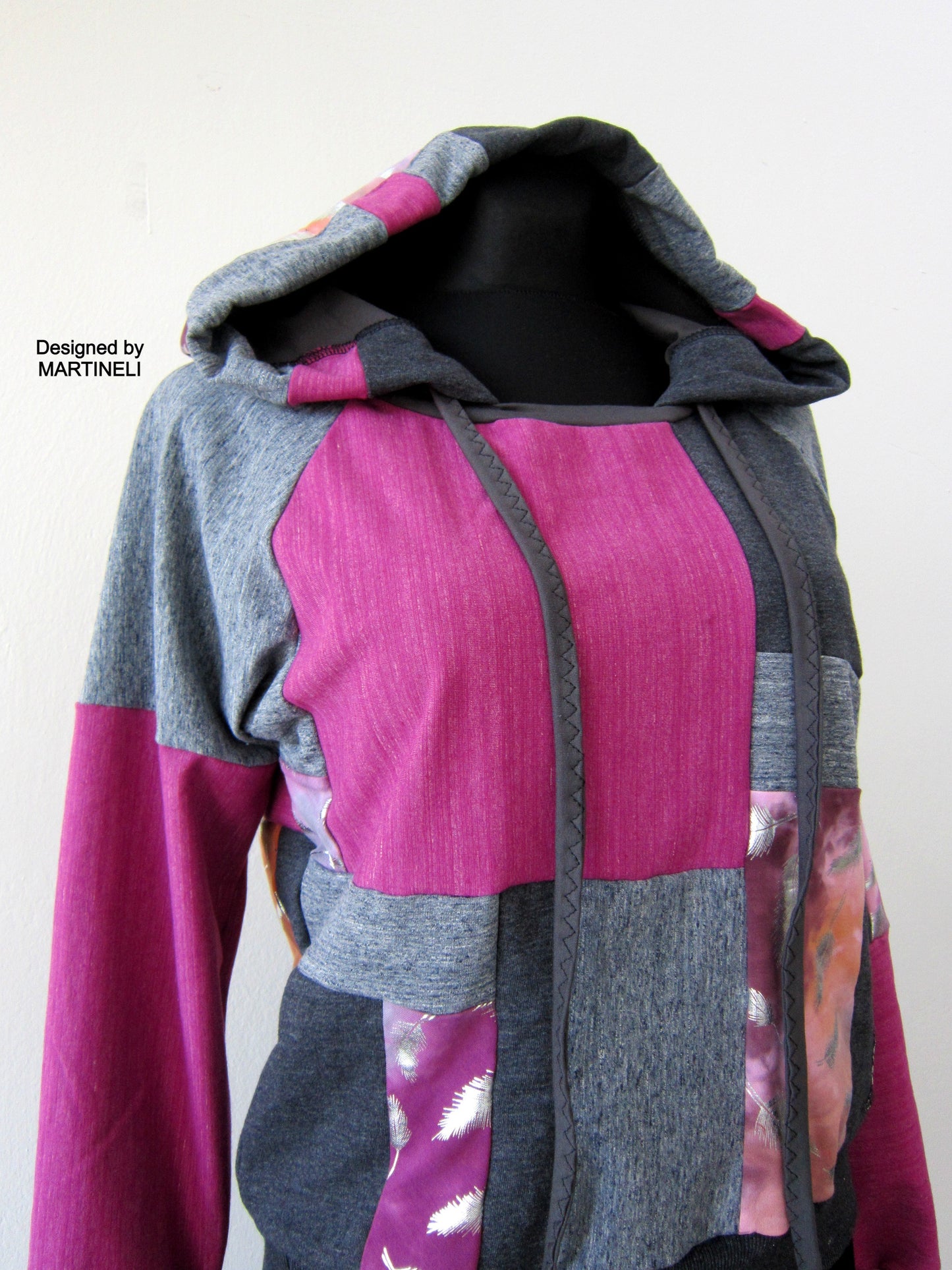 Gray Patchwork Hoodie M/L Boho Chic Hooded Top