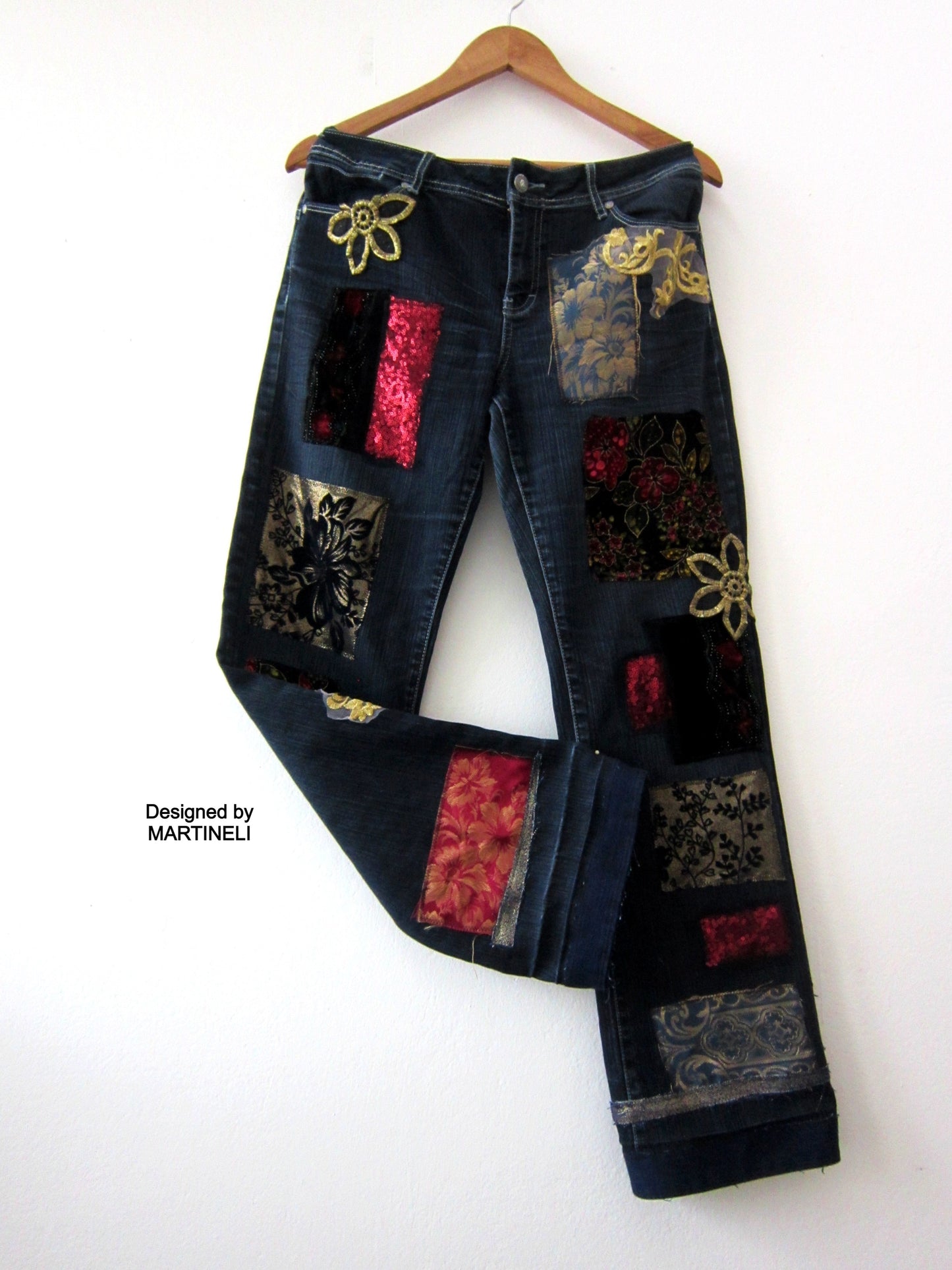 Boho Floral Jeans for Women,M Embroidered Jeans